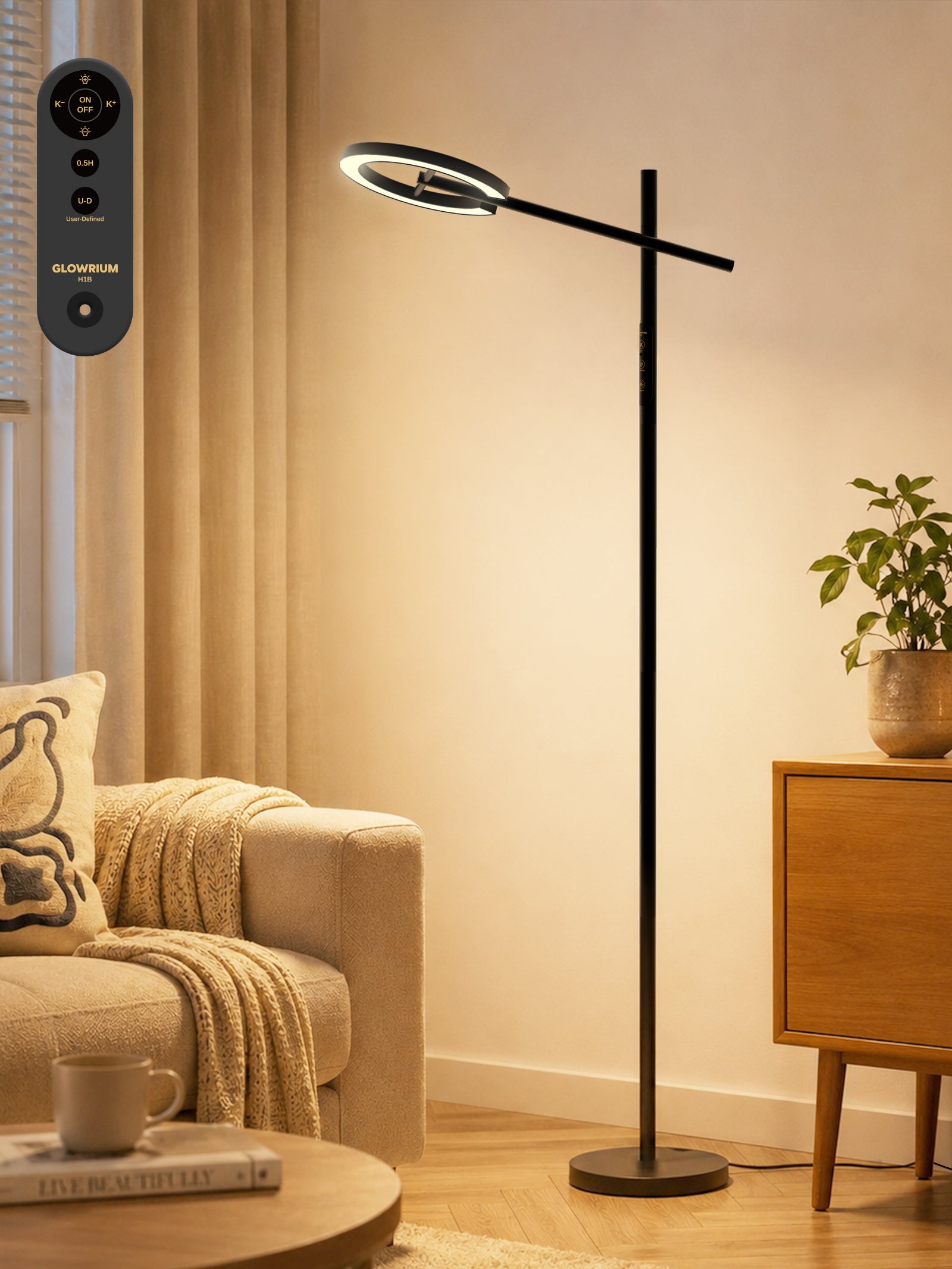 GLOWRIUM-H1B Stepless Dimmable Rotatable Reading Floor Lamp with Remote, 2700-6500K, for Living Room Bedroom Office