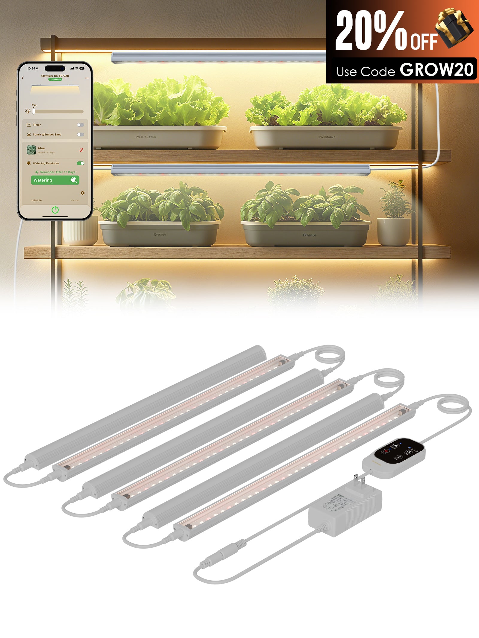 Smart LED Grow Light for Indoor Plants-G6 Full Spectrum 3500K, Auto Timer, Stepless Dimming, Modular, Plug & Play