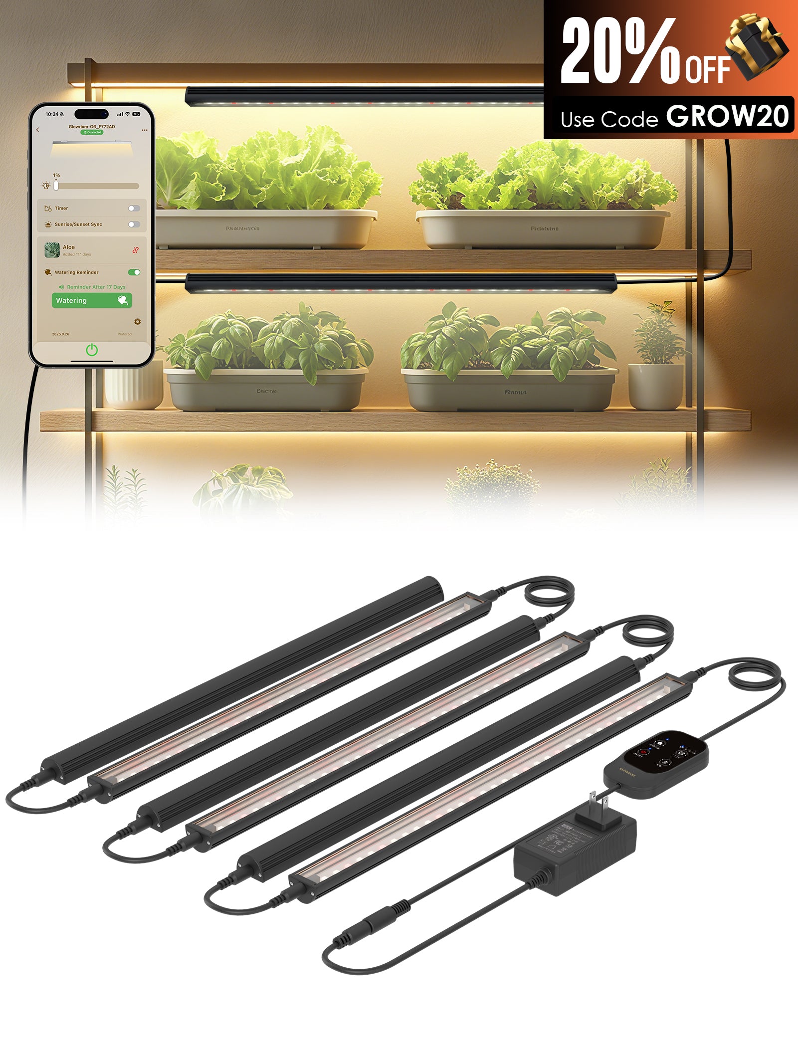 Smart LED Grow Light for Indoor Plants-G6 Full Spectrum 3500K, Auto Timer, Stepless Dimming, Modular, Plug & Play