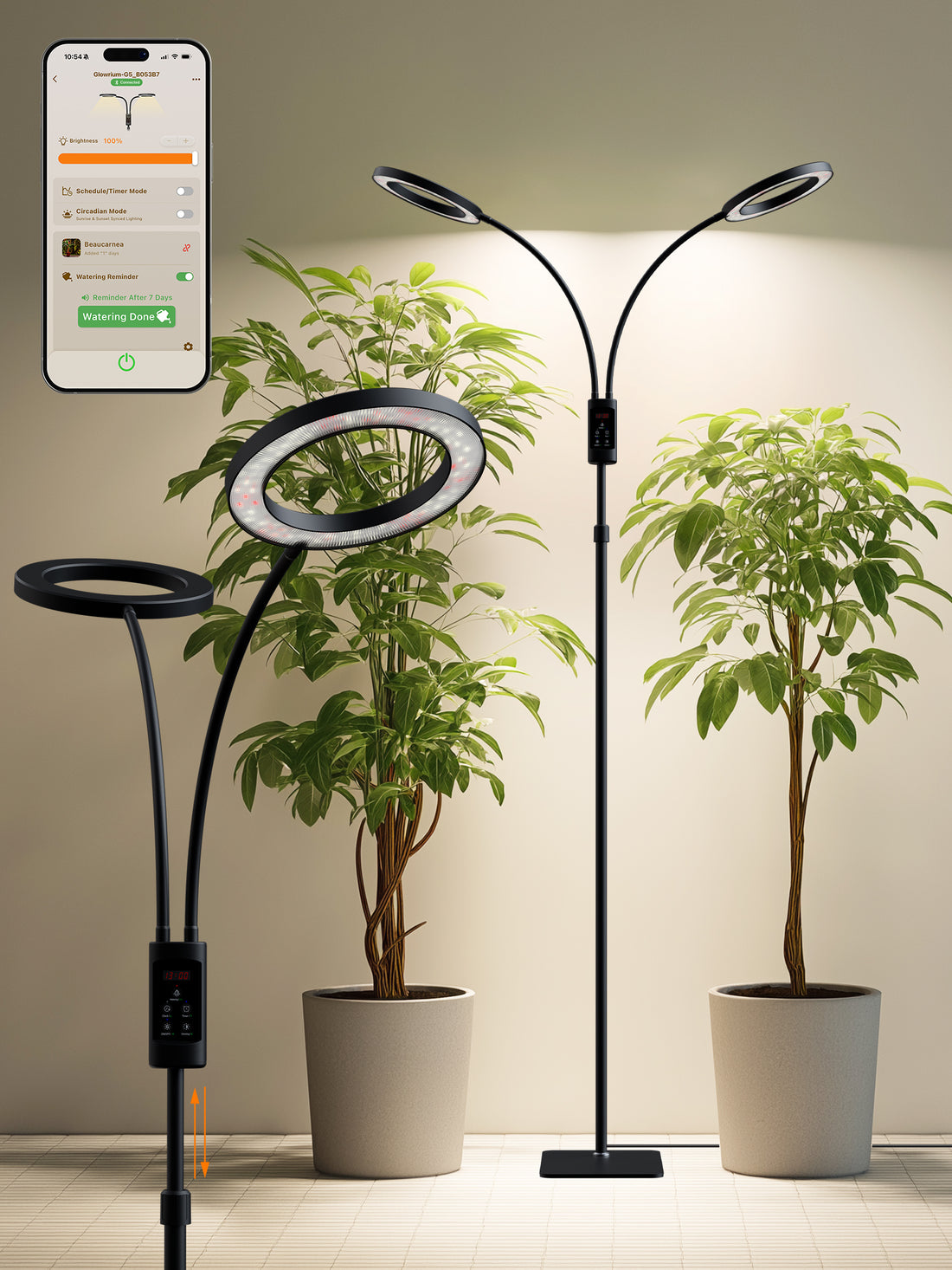 Smart Floor LED Grow Light 48W – Dual-Head Full Spectrum, Adjustable Height, Stepless Dimming, Auto-Timer for Most Indoor Plants-G5