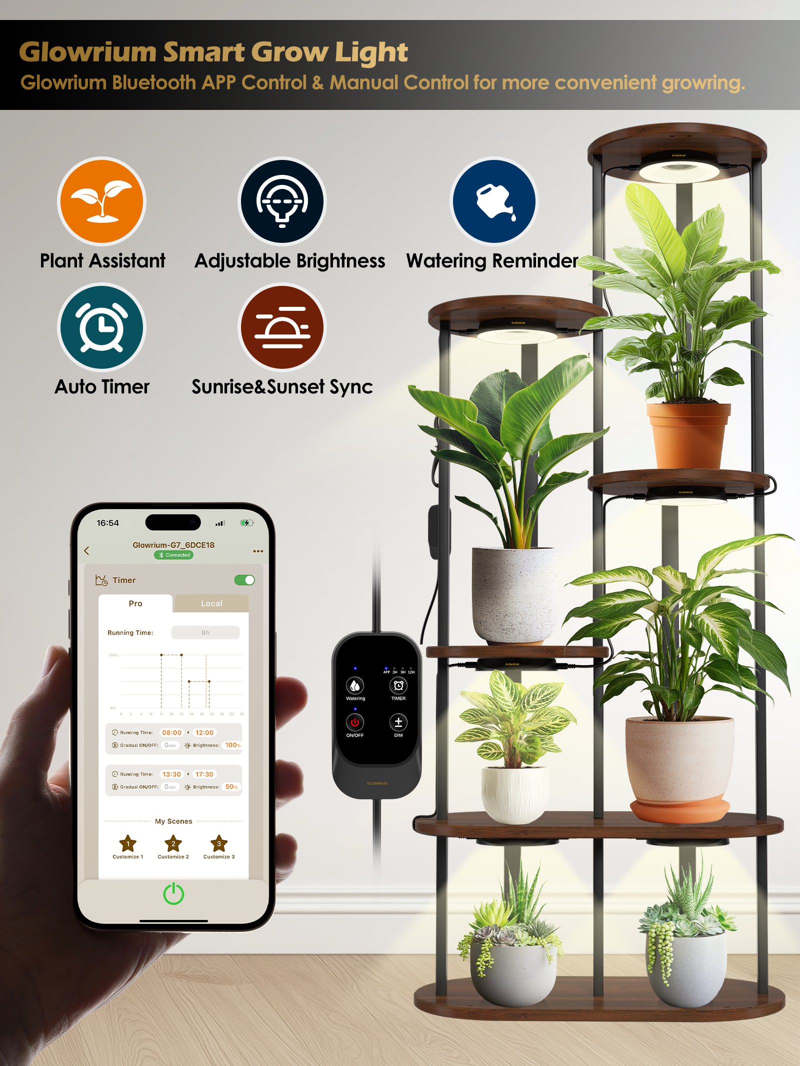 GLOWRIUM LED Grow Light for Indoor Plants – Smart Full Spectrum, Auto Timer, Stepless Dimming, Watering Reminder, Modular Design Plant Assistant-G7