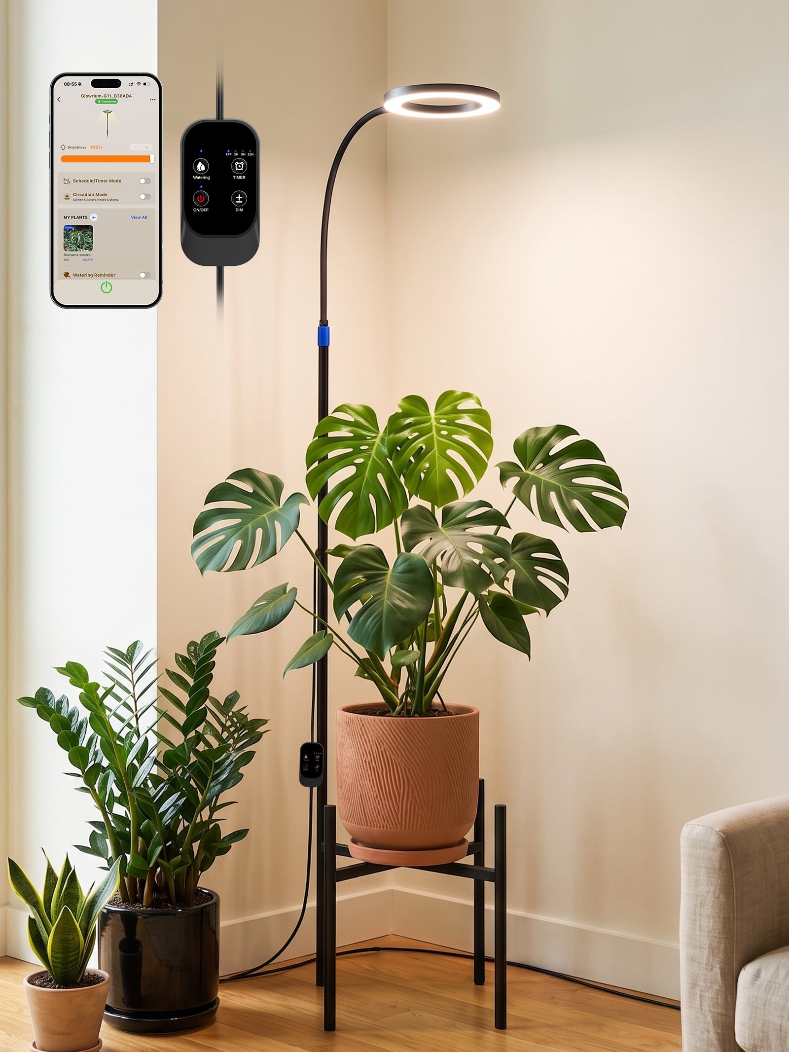 GLOWRIUM® G11 Plant Stand with Grow Light, 24W Full Spectrum Indoor Plant Light, Adjustable Height Metal Plant Shelf, Dimmable Floor Growing Lamp with App & Timer Control for Home Decor