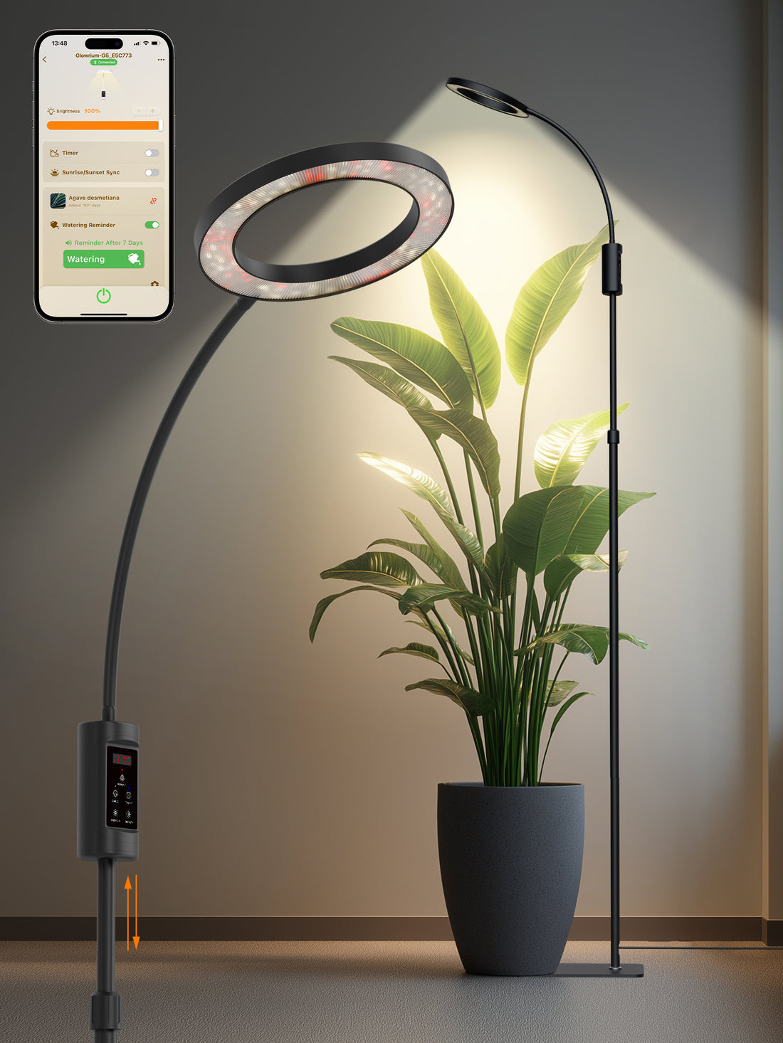 Smart Floor LED Grow Light 48W G5 – Dual-Head Full Spectrum, Adjustable Height, Stepless Dimming, Auto-Timer for Most Indoor Plants