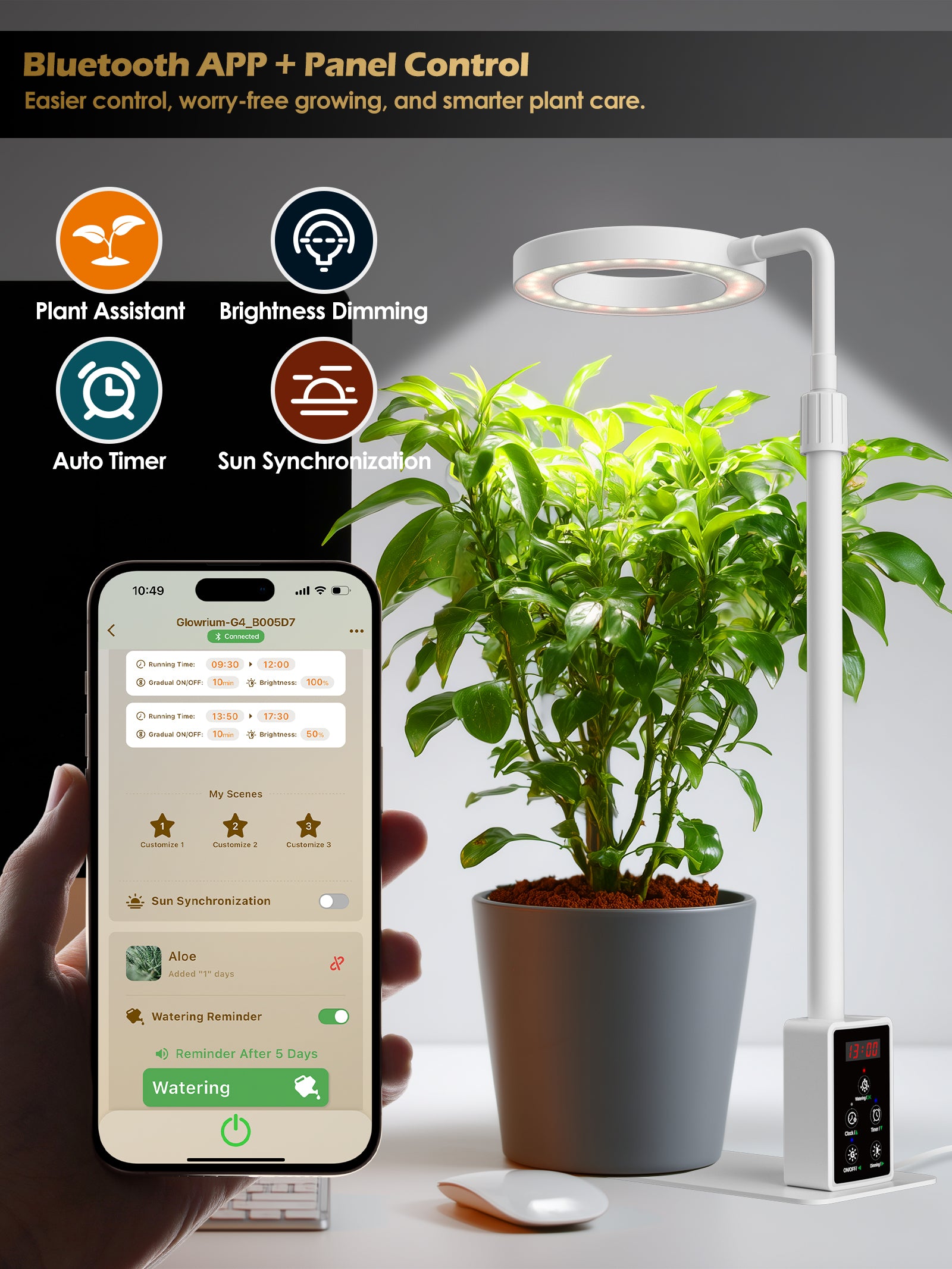 Glowrium 8W Smart Grow Light – Full-Spectrum LED for Indoor Plants with App Control, Custom Timer, Adjustable Height & Smart Plant Assistant