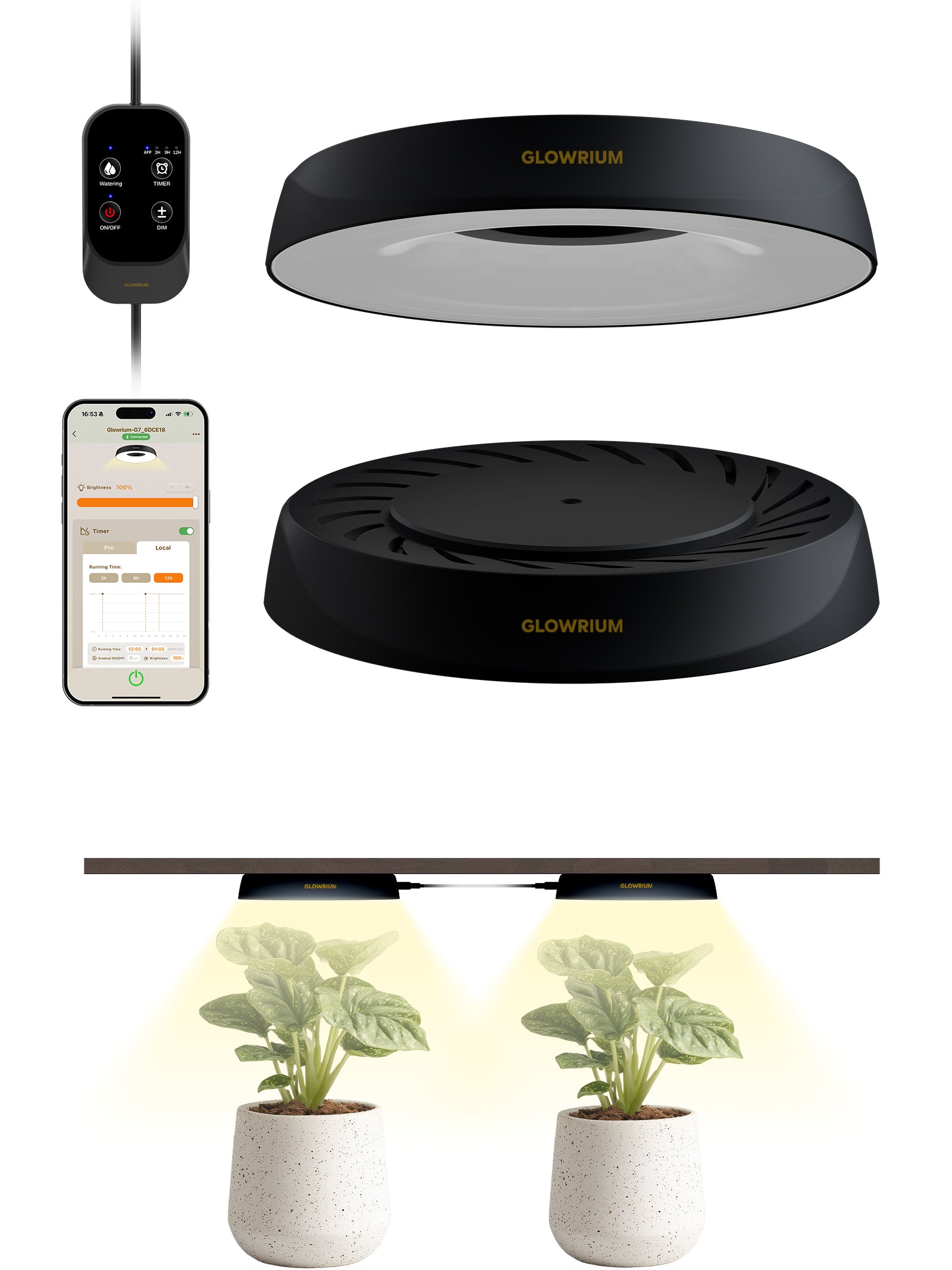 GLOWRIUM LED Grow Light for Indoor Plants – Smart Full Spectrum, Auto Timer, Stepless Dimming, Watering Reminder, Modular Design Plant Assistant-G7