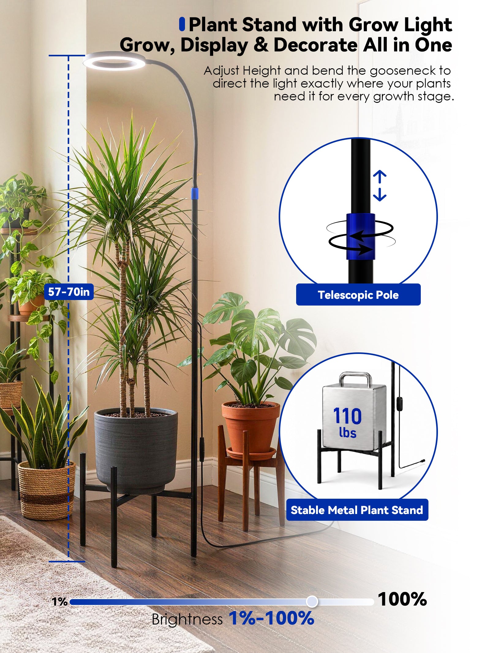 GLOWRIUM® G11 Plant Stand with Grow Light, 24W Full Spectrum Indoor Plant Light, Adjustable Height Metal Plant Shelf, Dimmable Floor Growing Lamp with App & Timer Control for Home Decor