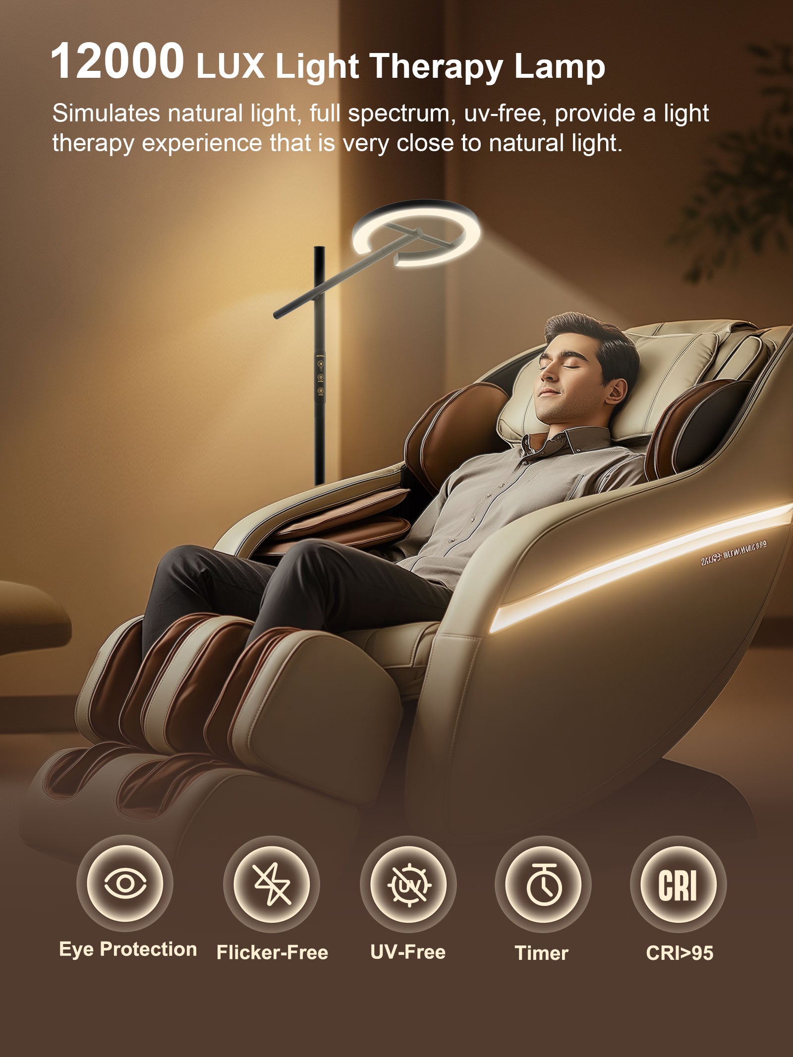 GLOWRIUM Happy Therapy Floor Lamp UV-Free, Stepless Dimming 12,000 Lux Brightness, Remote Control, Timer