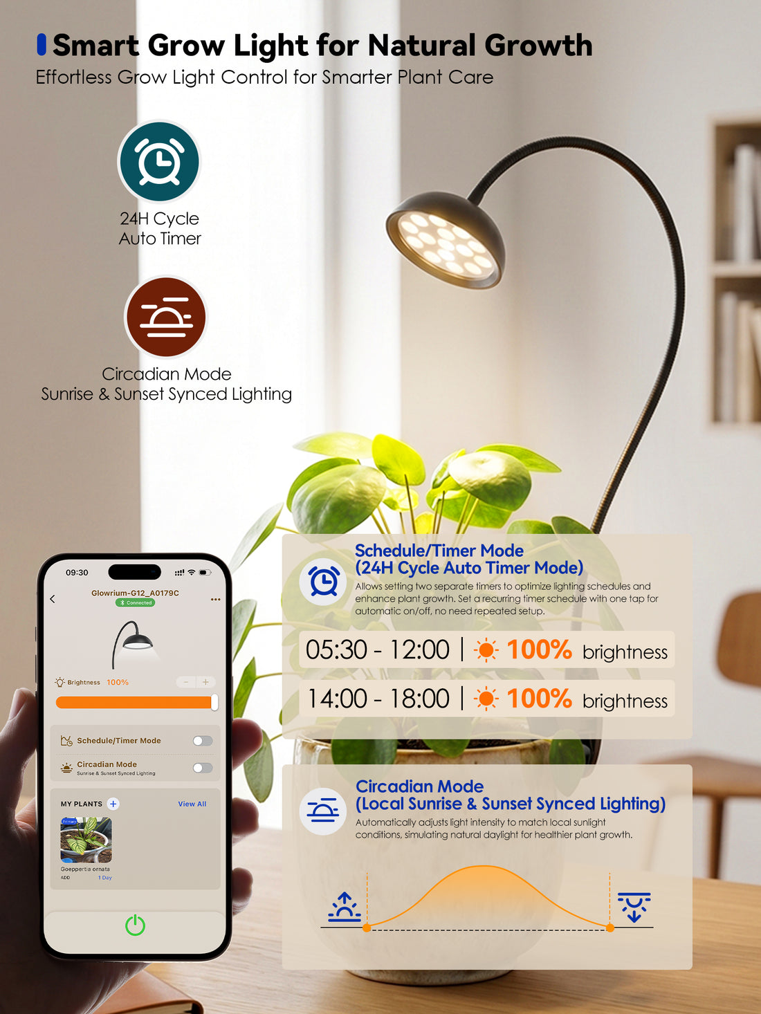 GLOWRIUM® G12 Smart Mini Grow Light - 6W Full Spectrum LED Plant Light with App Control, Timer & 360° Flexible Gooseneck