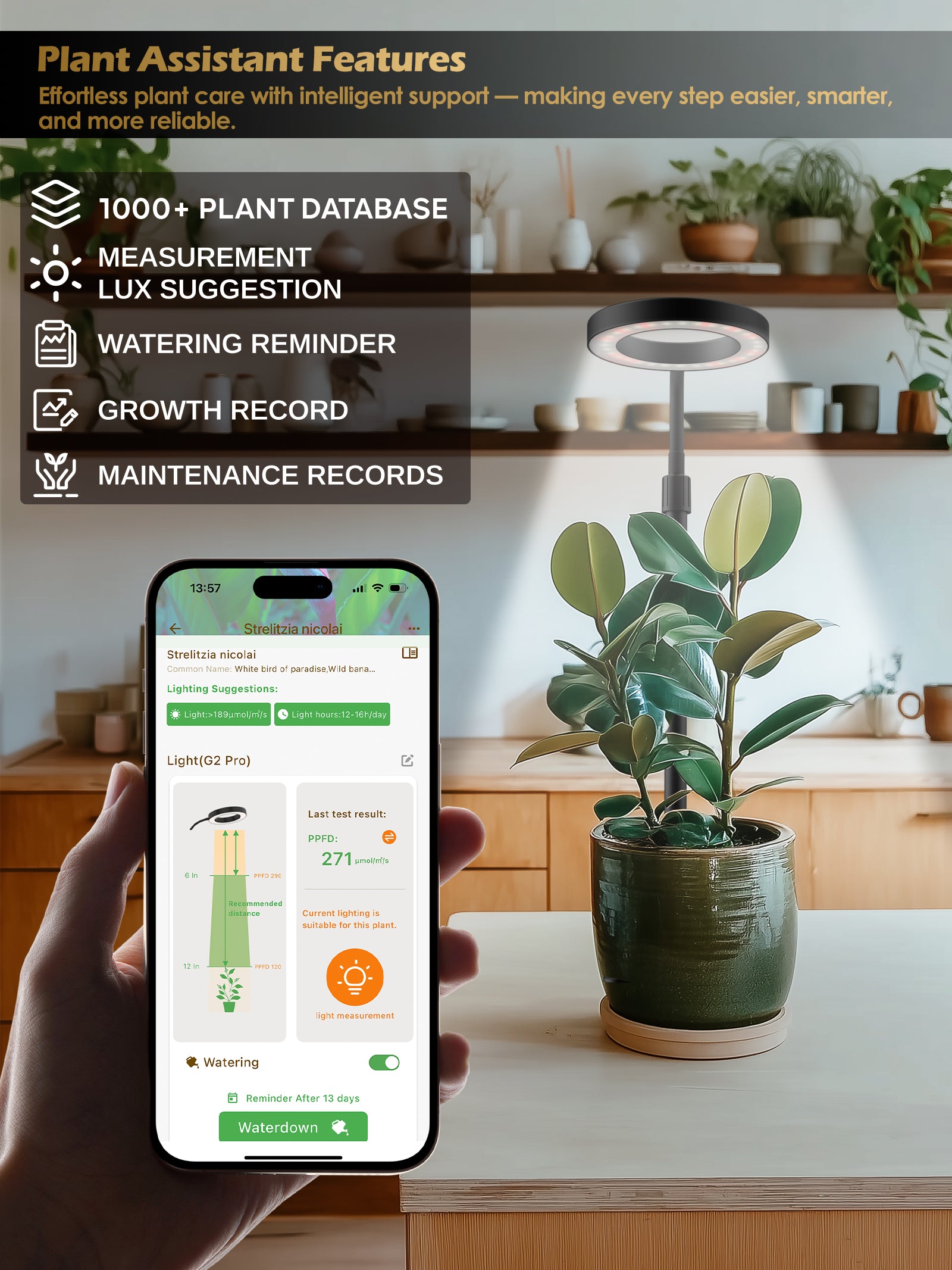 Glowrium 8W Smart Grow Light – Full-Spectrum LED for Indoor Plants with App Control, Custom Timer, Adjustable Height & Smart Plant Assistant