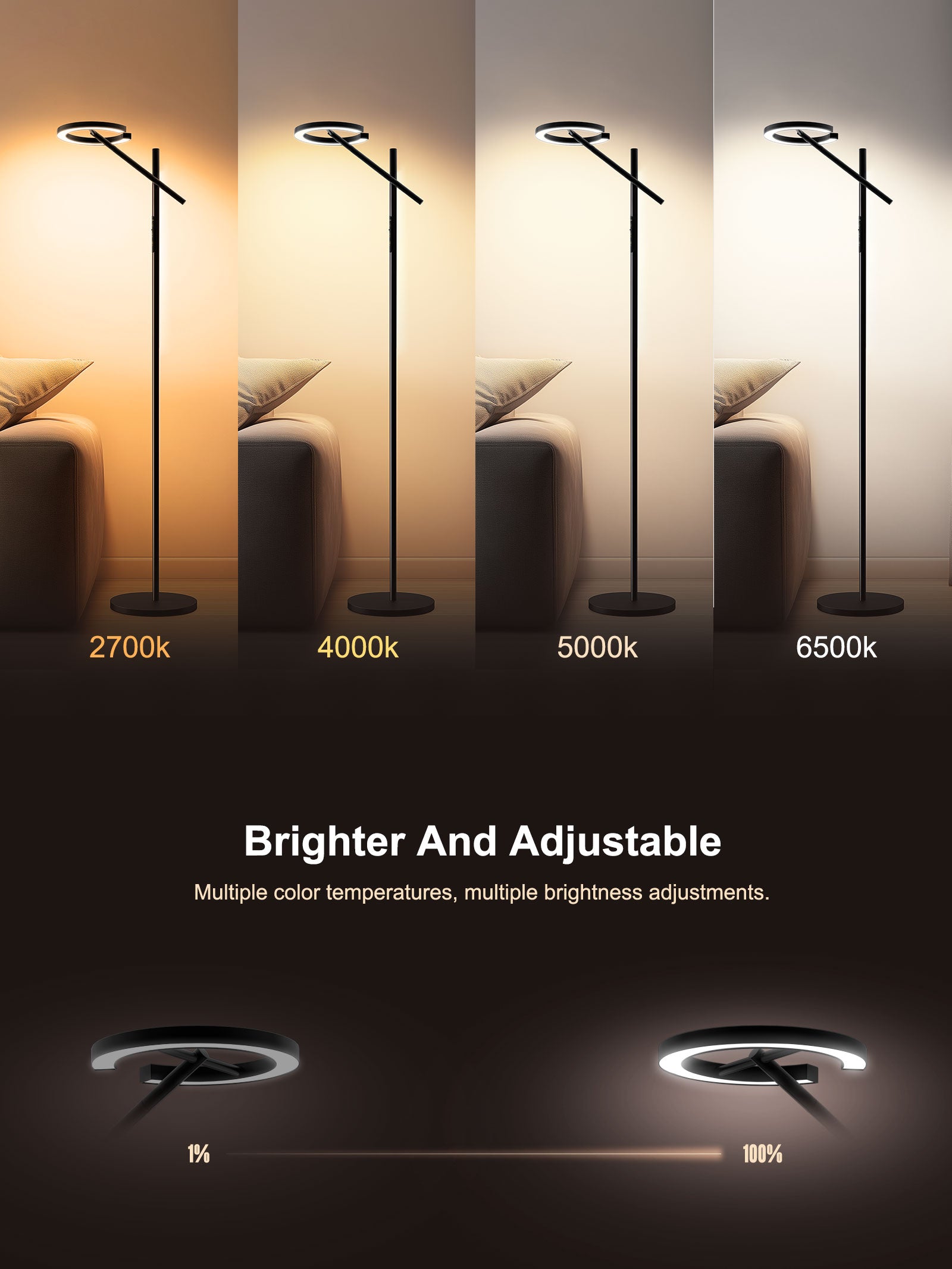 GLOWRIUM Happy Therapy Floor Lamp UV-Free, Stepless Dimming 12,000 Lux Brightness, Remote Control, Timer