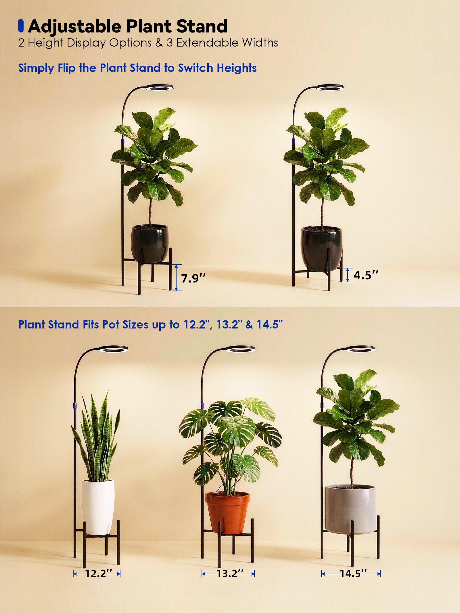 GLOWRIUM® G11 Plant Stand with Grow Light, 24W Full Spectrum Indoor Plant Light, Adjustable Height Metal Plant Shelf, Dimmable Floor Growing Lamp with App & Timer Control for Home Decor