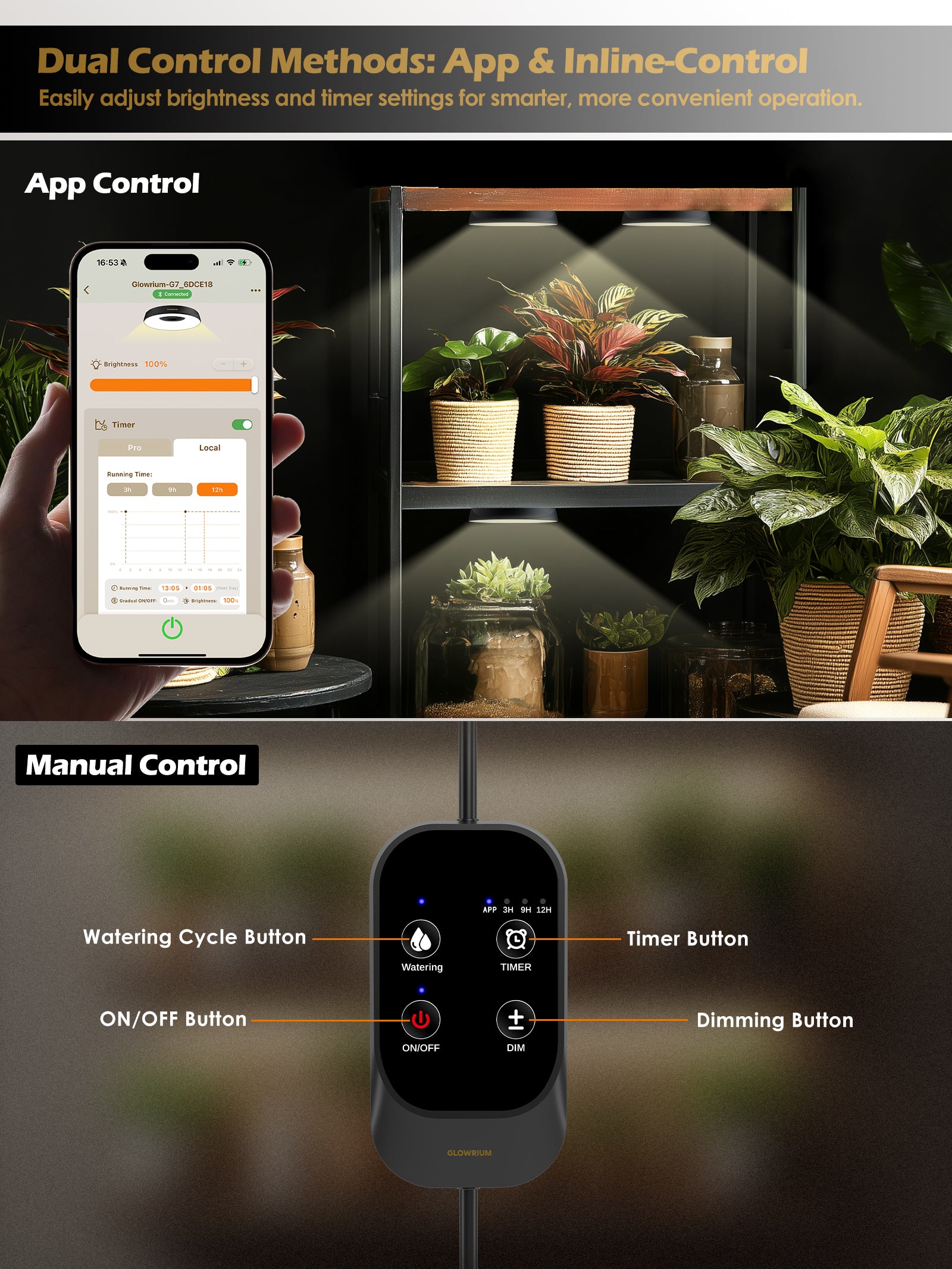 GLOWRIUM LED Grow Light for Indoor Plants – Smart Full Spectrum, Auto Timer, Stepless Dimming, Watering Reminder, Modular Design Plant Assistant