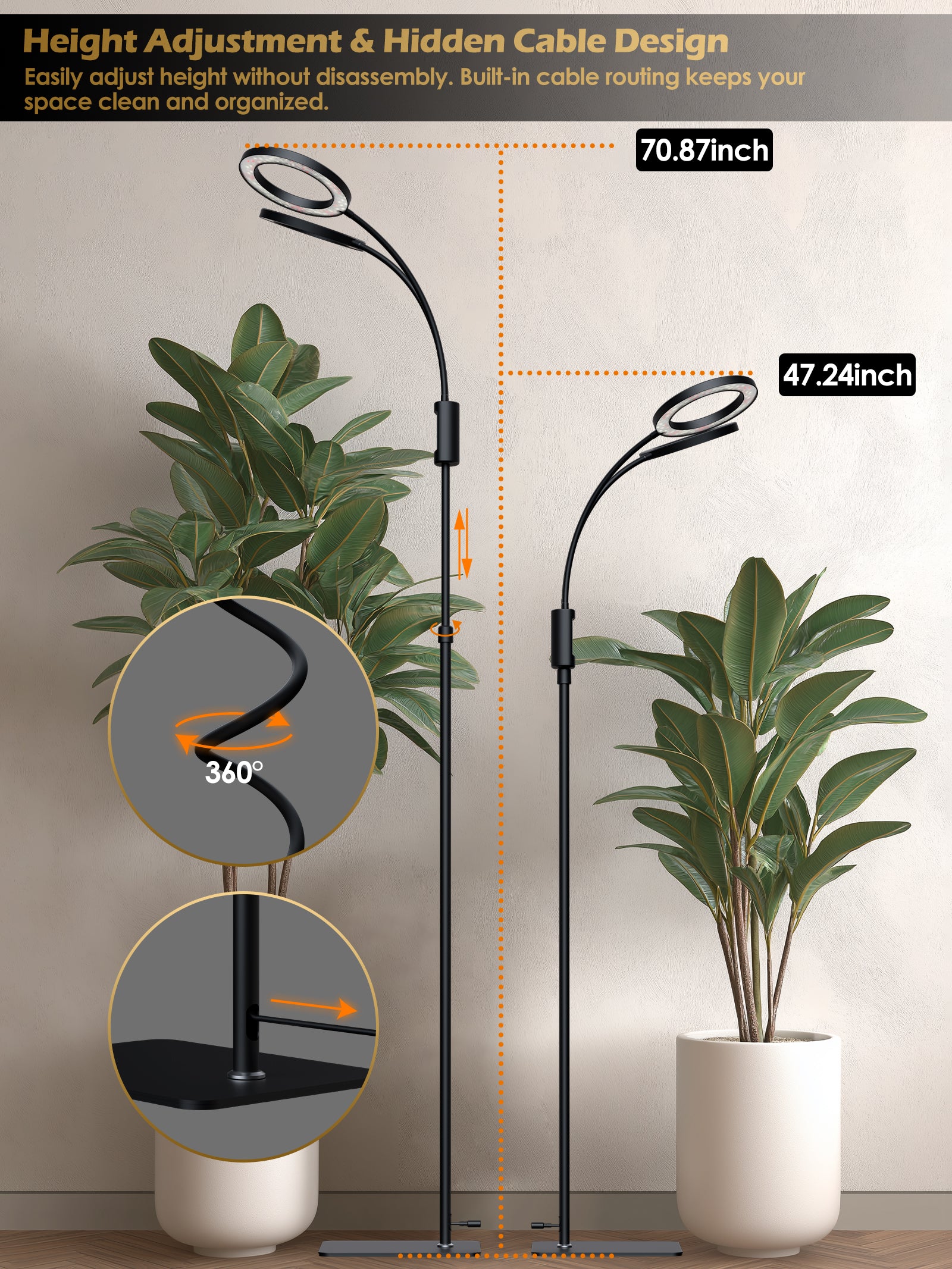 GLOWRIUM 48W Smart Grow Light – Dual-Head Full Spectrum, Adjustable Height, Stepless Dimming, Auto-Timer for Most Indoor Plants-G5