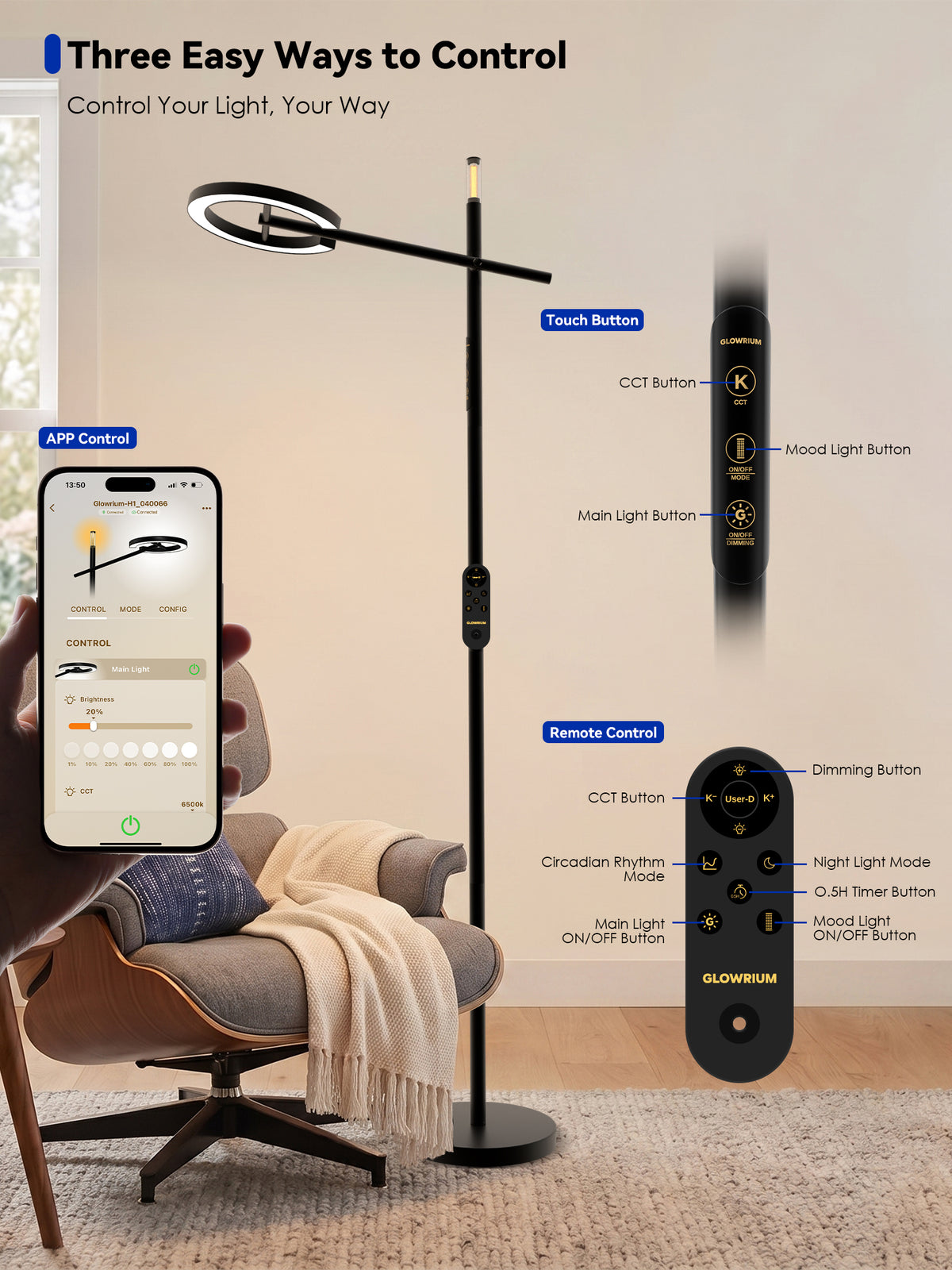 GLOWRIUM® H1 Smart Home Floor Lamp with APP Control & Stepless Dimmable