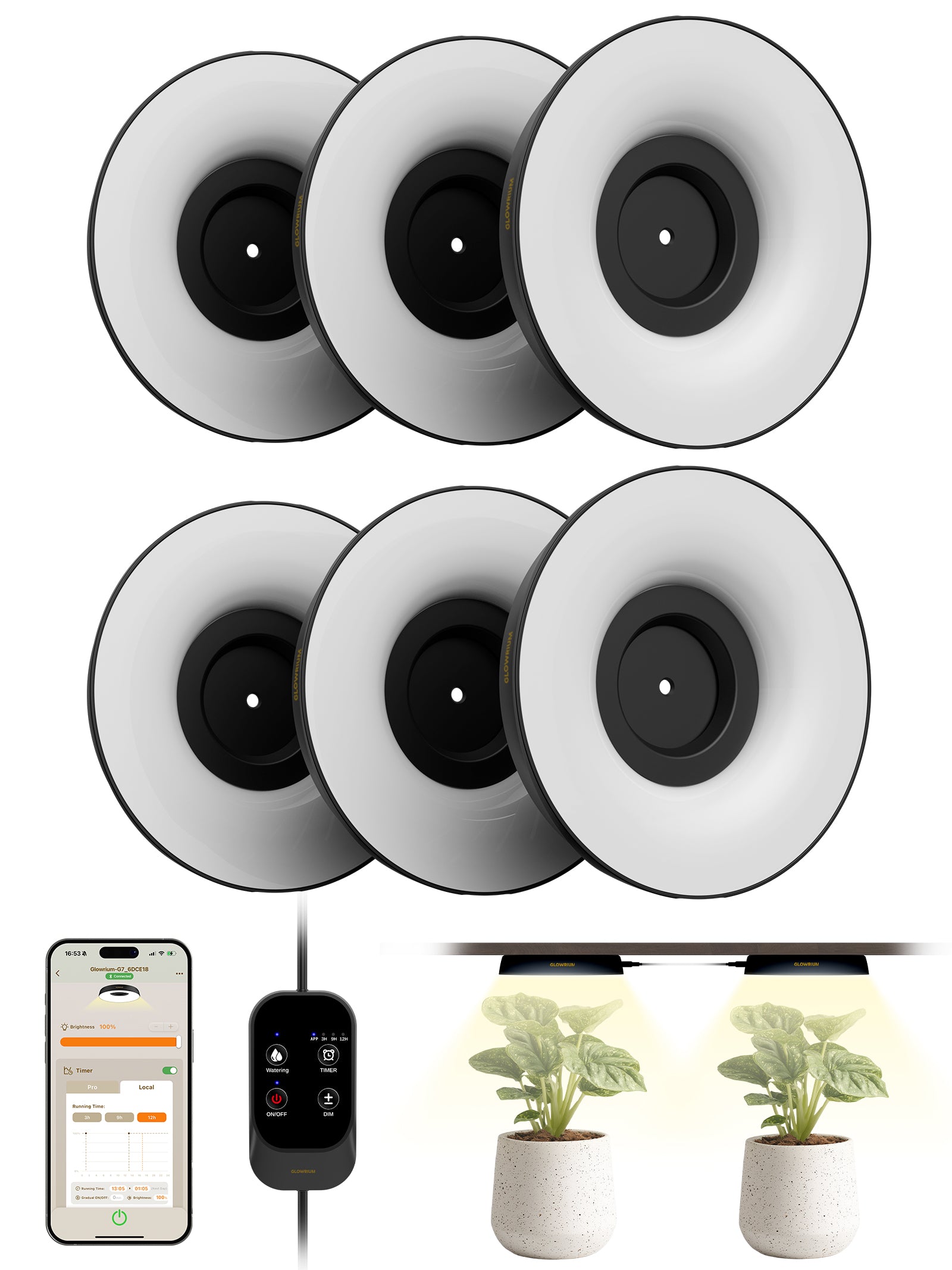 GLOWRIUM LED Grow Light for Indoor Plants – Smart Full Spectrum, Auto Timer, Stepless Dimming, Watering Reminder, Modular Design Plant Assistant-G7