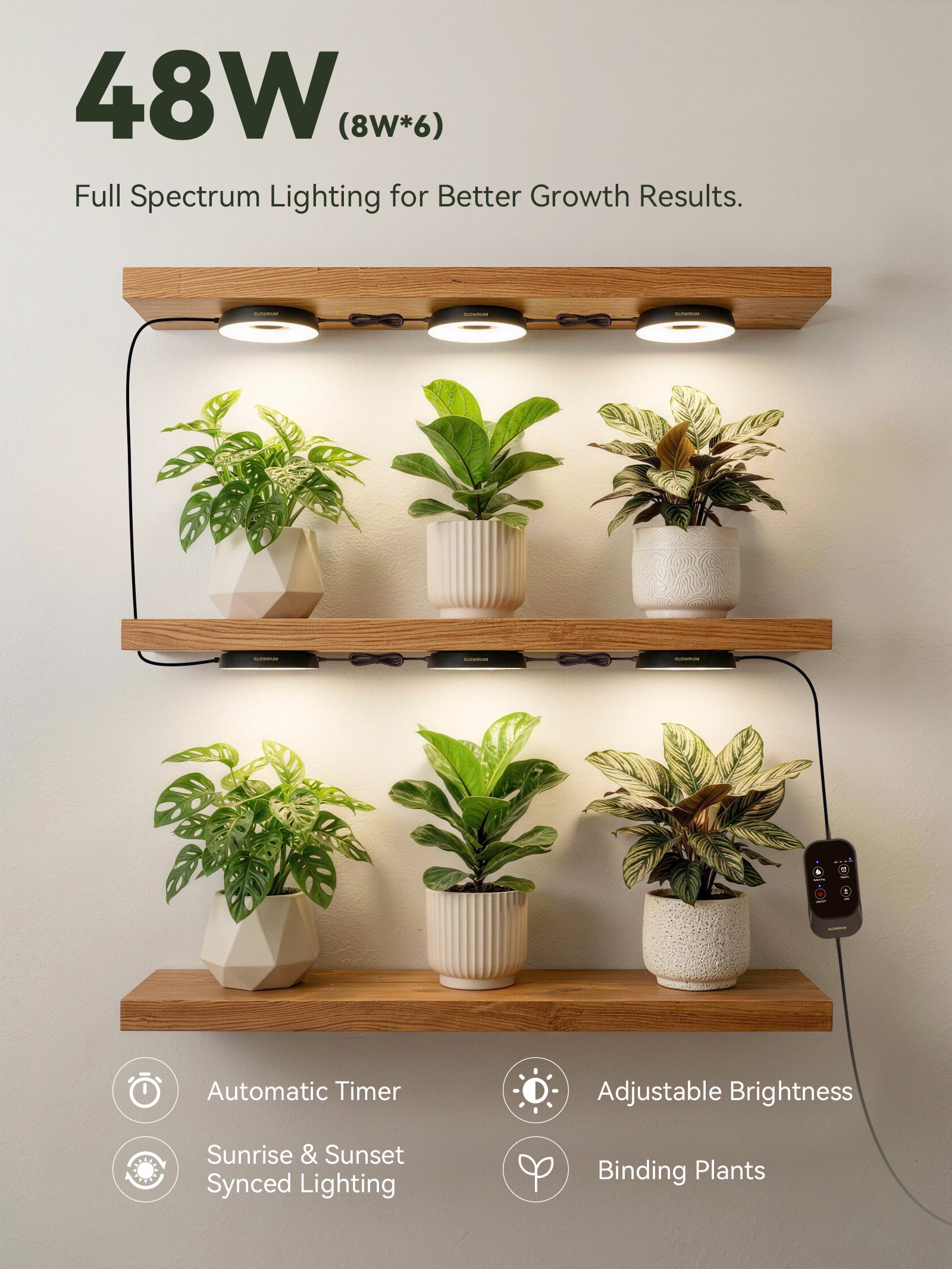 GLOWRIUM G7 | 48W (6-Pack) Smart Full Spectrum LED Puck Grow Light