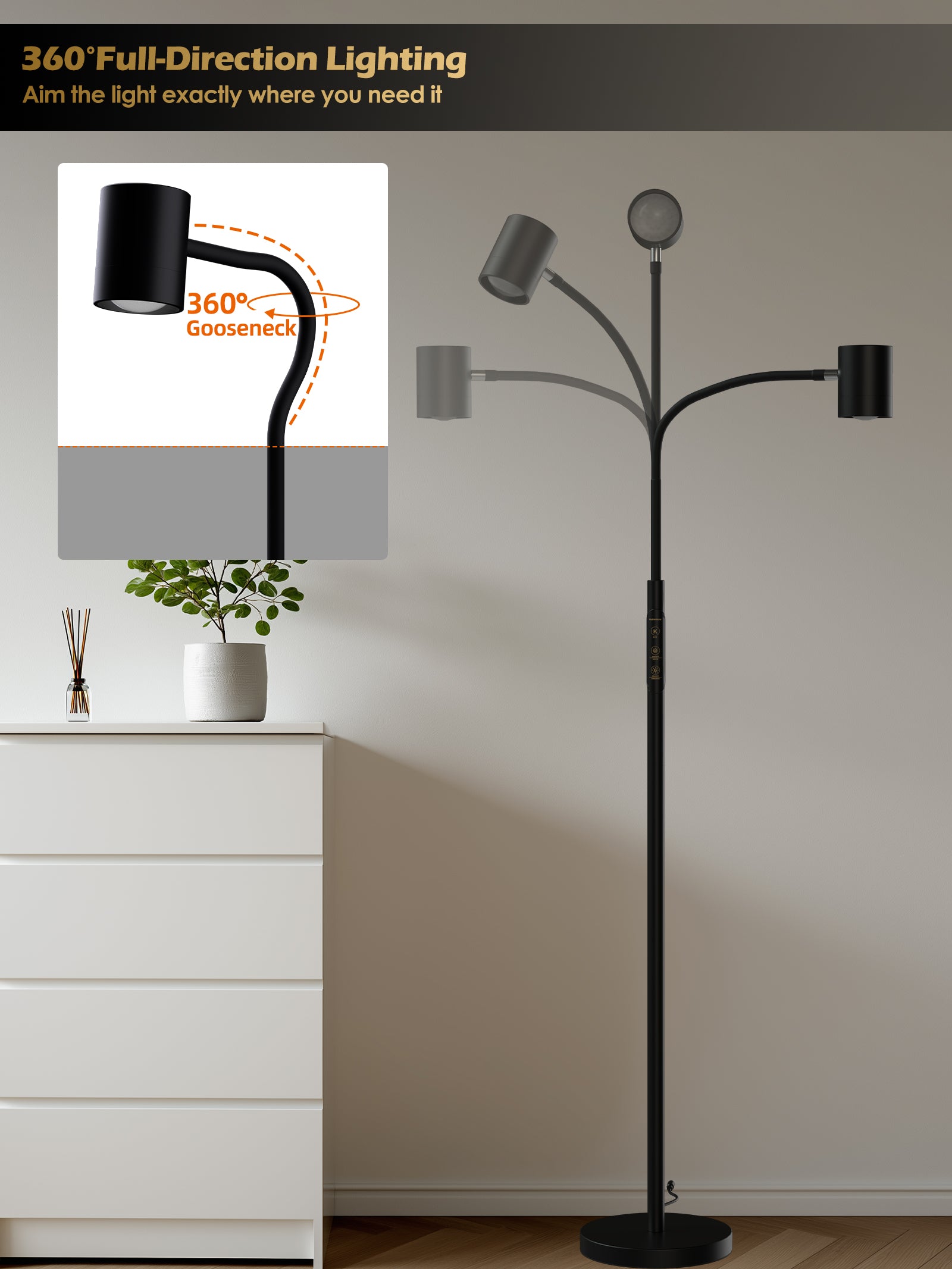 GLOWRIUM 12W LED Smart Reading Floor Lamp H2B – 62" Tall, Dimmable Brightness & Color Temperature, Adjustable Gooseneck Touch Control, Suitable for Living Room, Bedroom, and Home Office