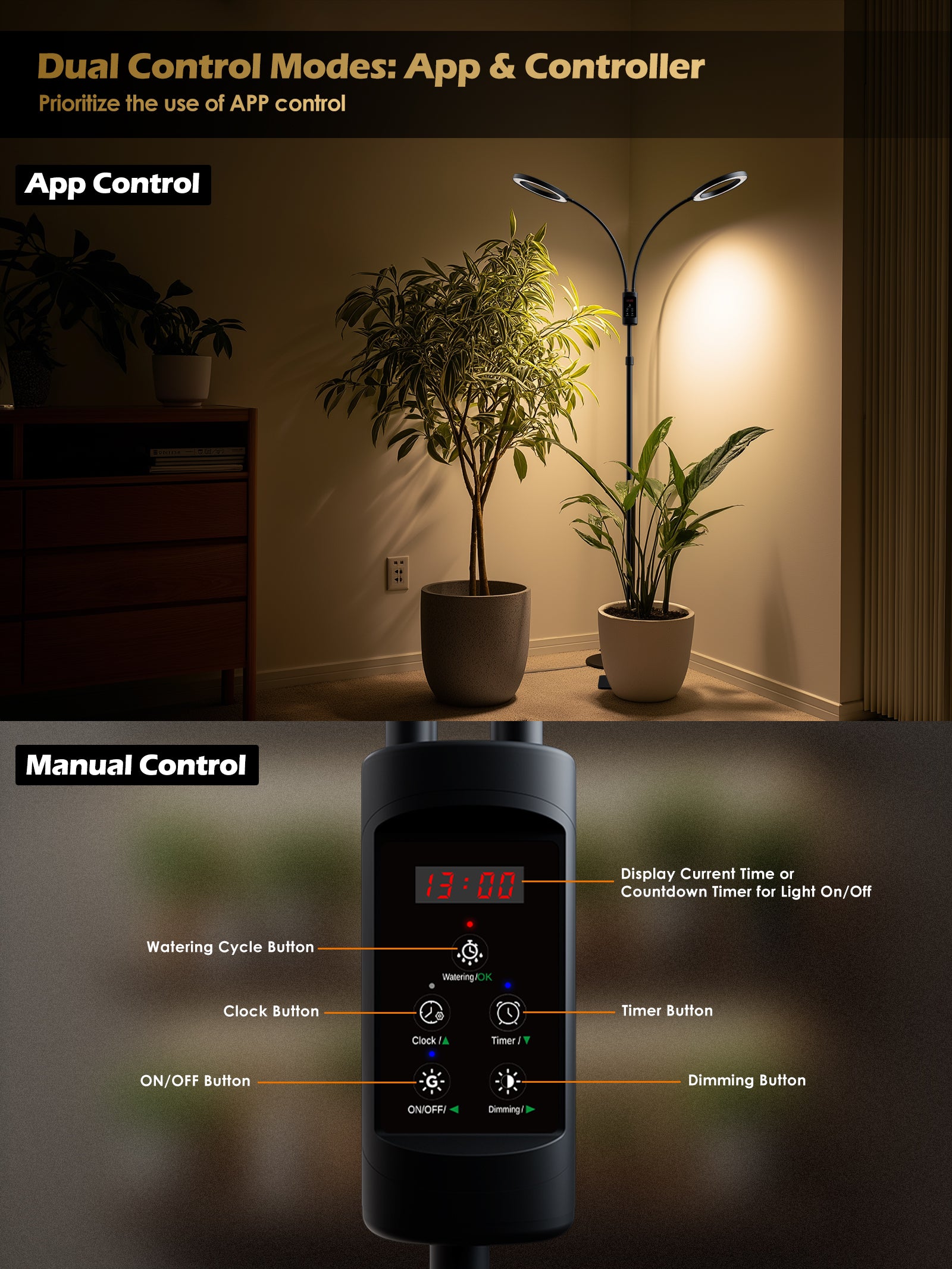 GLOWRIUM 48W Smart Grow Light – Dual-Head Full Spectrum, Adjustable Height, Stepless Dimming, Auto-Timer for Most Indoor Plants-G5