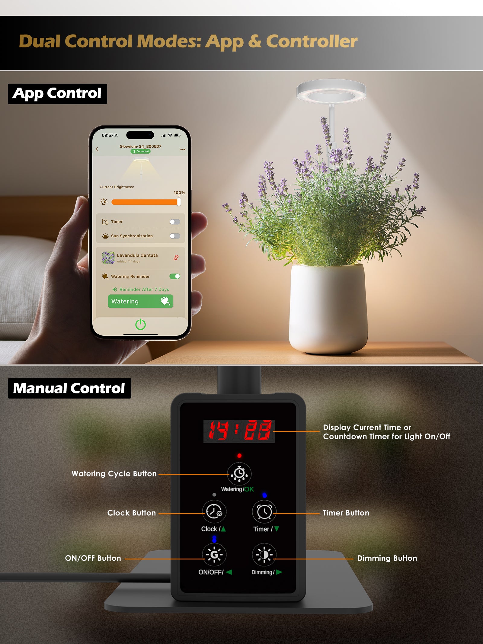 Glowrium 8W Smart Grow Light – Full-Spectrum LED for Indoor Plants with App Control, Custom Timer, Adjustable Height & Smart Plant Assistant