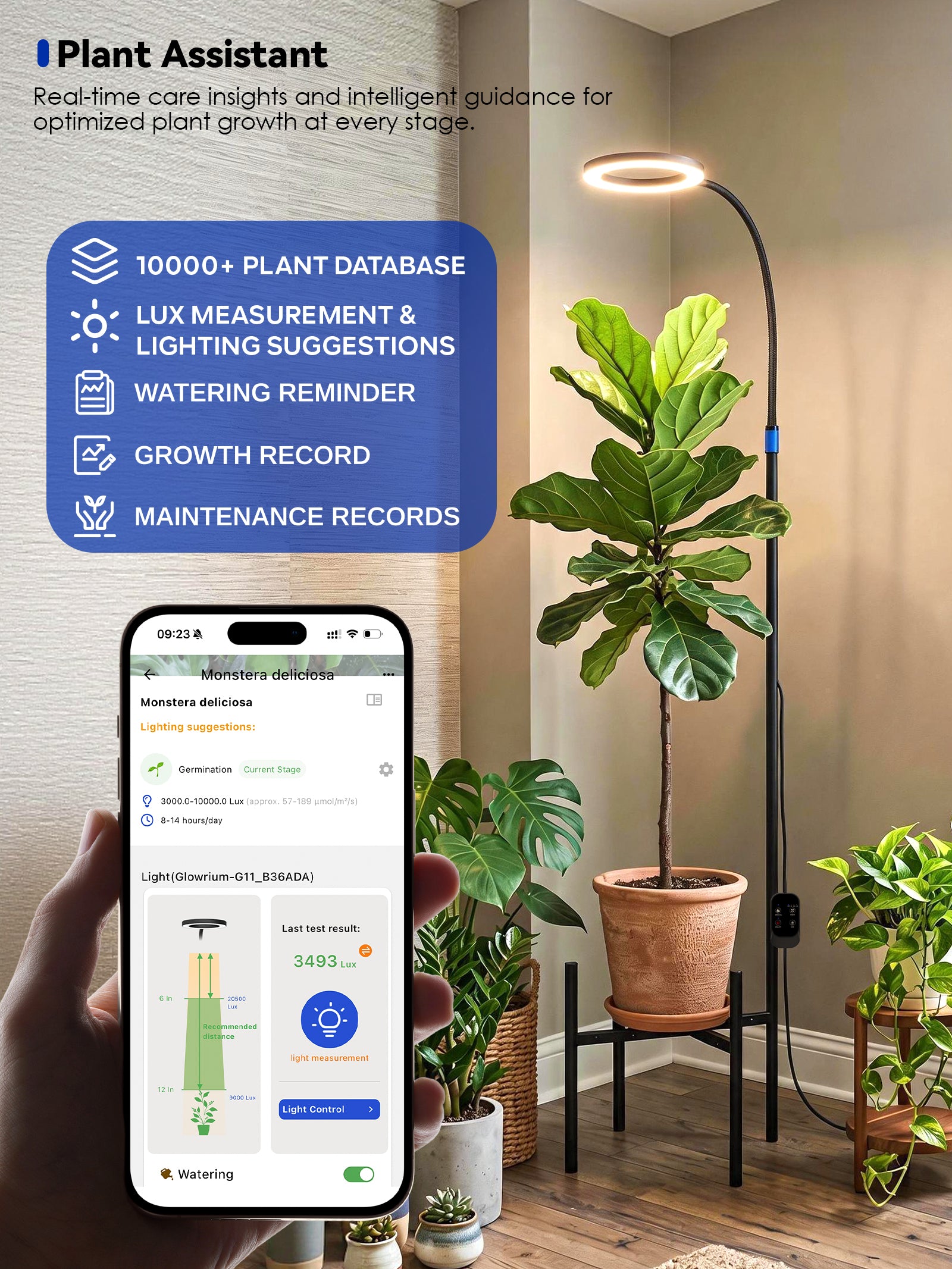 GLOWRIUM® G11 Plant Stand with Grow Light, 24W Full Spectrum Indoor Plant Light, Adjustable Height Metal Plant Shelf, Dimmable Floor Growing Lamp with App & Timer Control for Home Decor