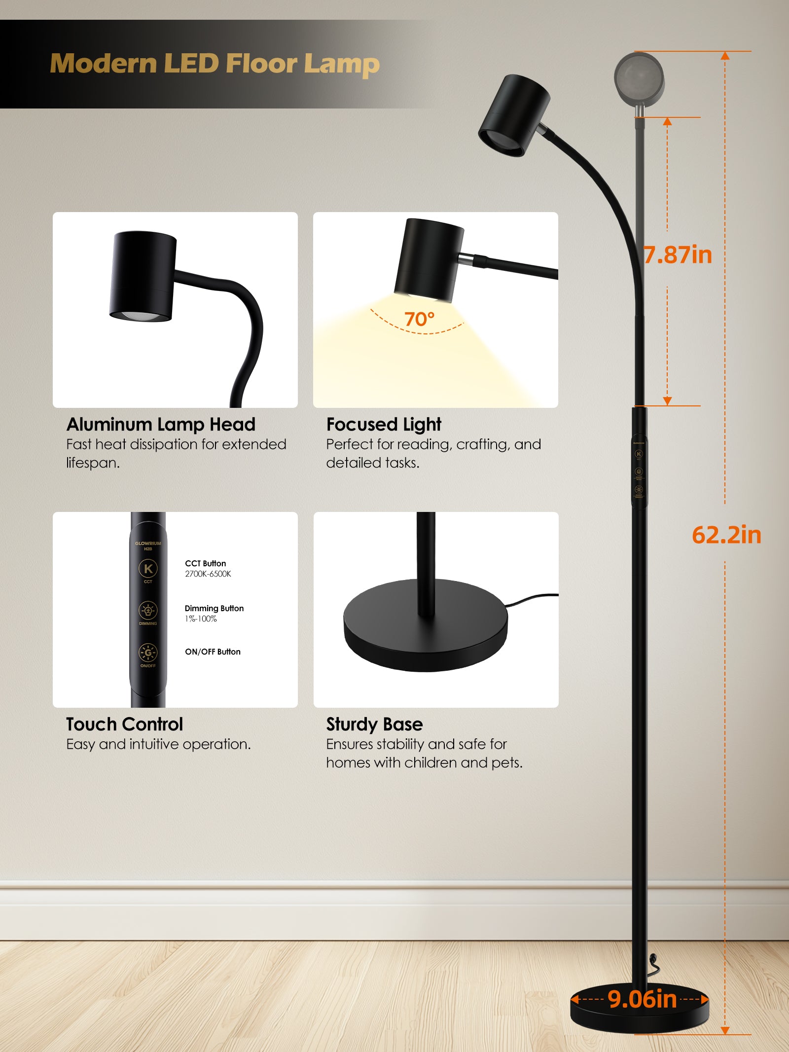 GLOWRIUM 12W LED Smart Reading Floor Lamp H2B – 62" Tall, Dimmable Brightness & Color Temperature, Adjustable Gooseneck Touch Control, Suitable for Living Room, Bedroom, and Home Office