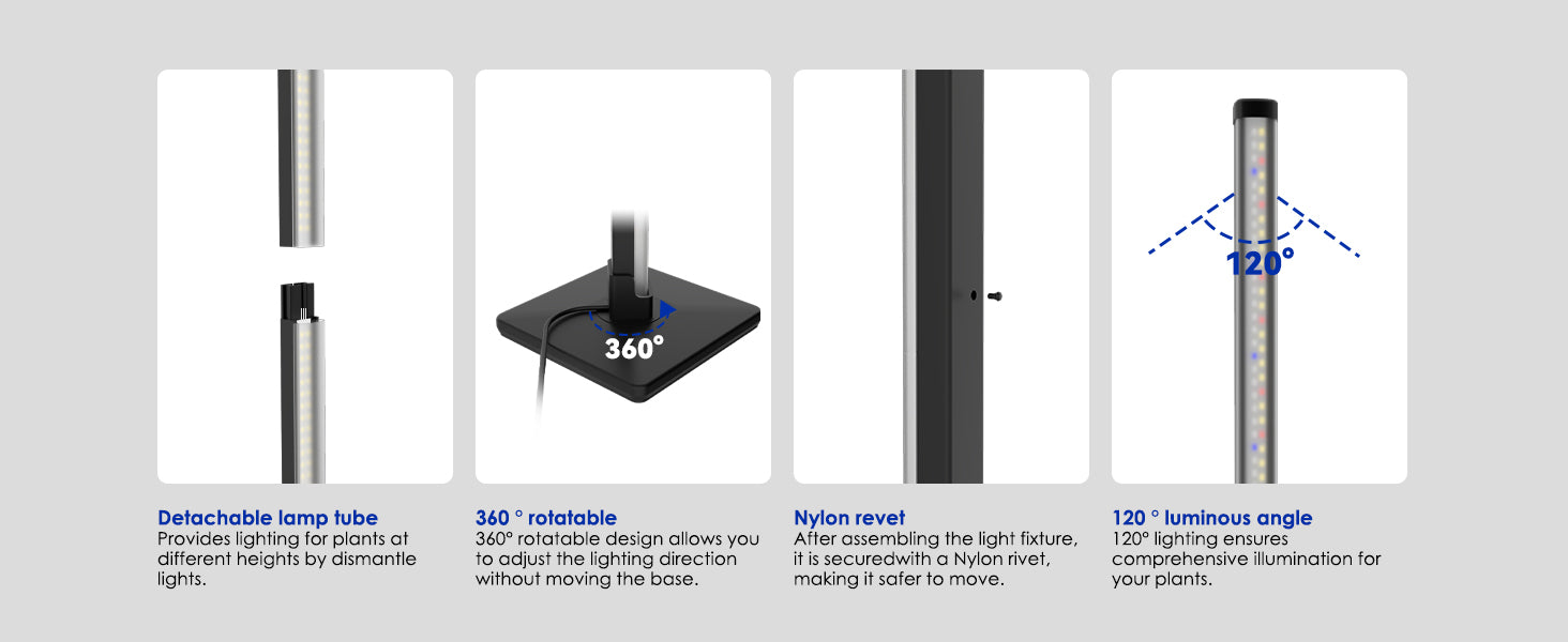 Glowrium G3 vertical LED grow light showing detachable lamp tube and 360 degree rotatable base