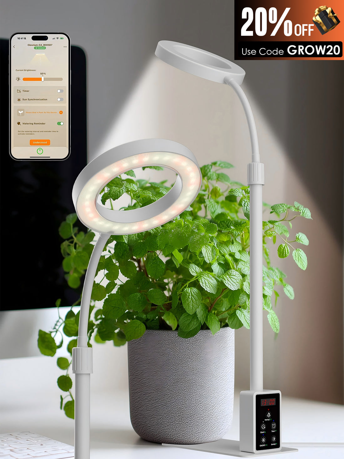 Glowrium 8W Smart Grow Light – Full-Spectrum LED for Indoor Plants with App Control, Custom Timer, Adjustable Height & Smart Plant Assistant