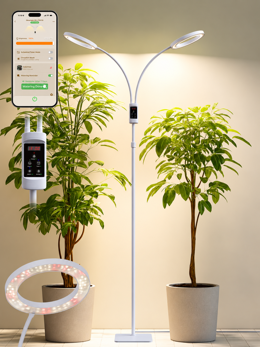 GLOWRIUM® G5 48W Smart Grow Light for Large Indoor Plants - Dual Head Full Spectrum, Adjustable Height, Stepless Dimming, Auto-Timer