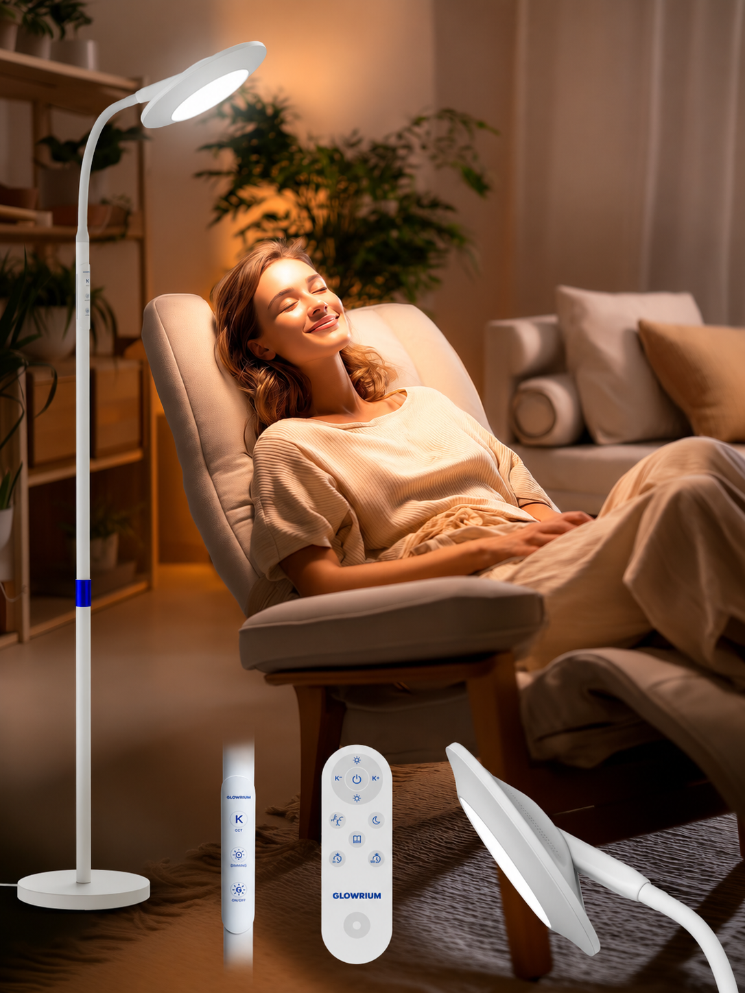 GLOWRIUM® H6 Light Therapy Floor Lamp - 48,000 Lux UV-Free Full Spectrum Sunlight Lamp with Remote & Touch Control