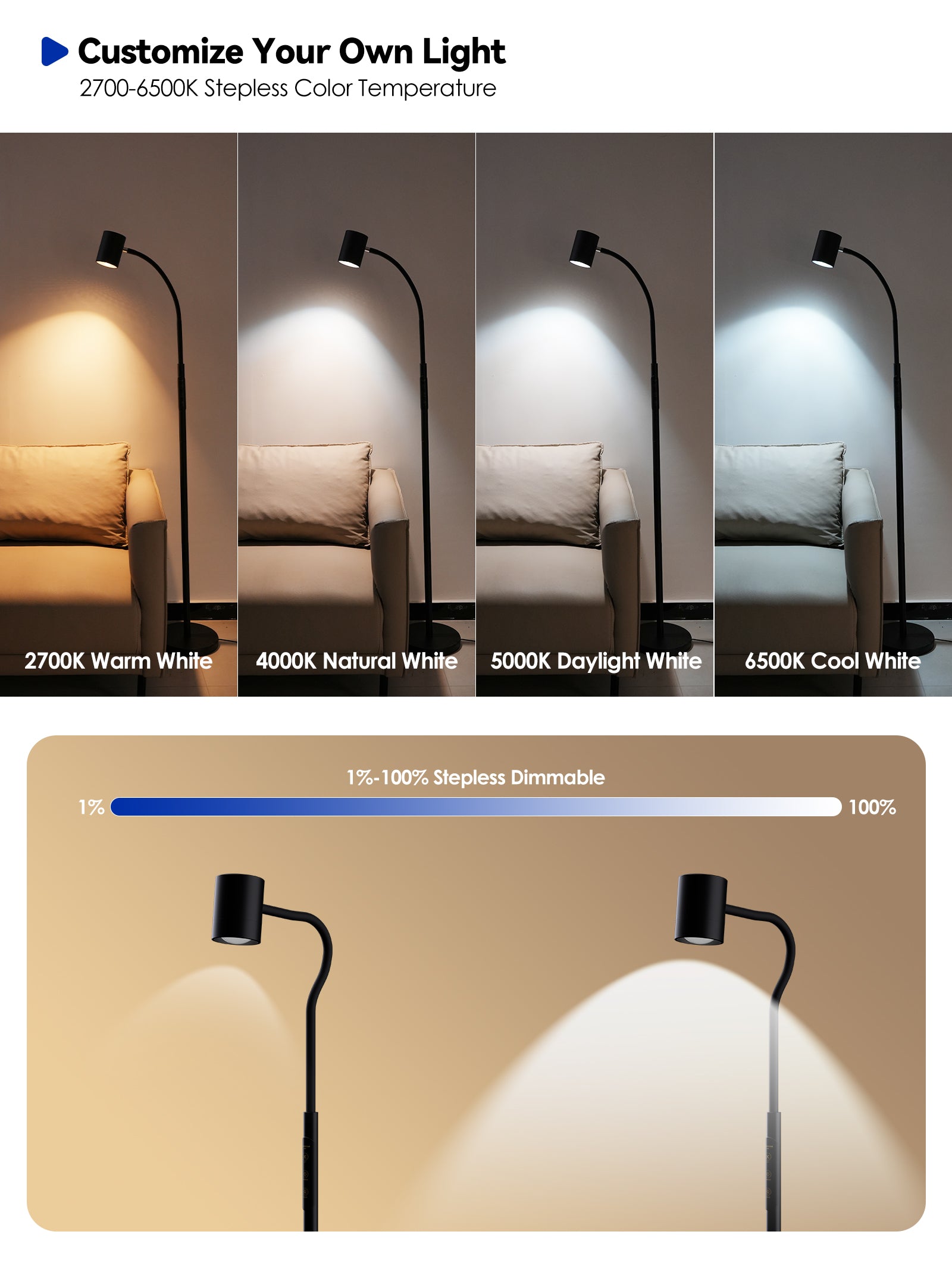 GLOWRIUM 12W LED Reading Floor Lamp H2B – 62" Tall, Dimmable Brightness & Color Temperature, Adjustable Gooseneck Touch Control, Suitable for Living Room, Bedroom, and Home Office