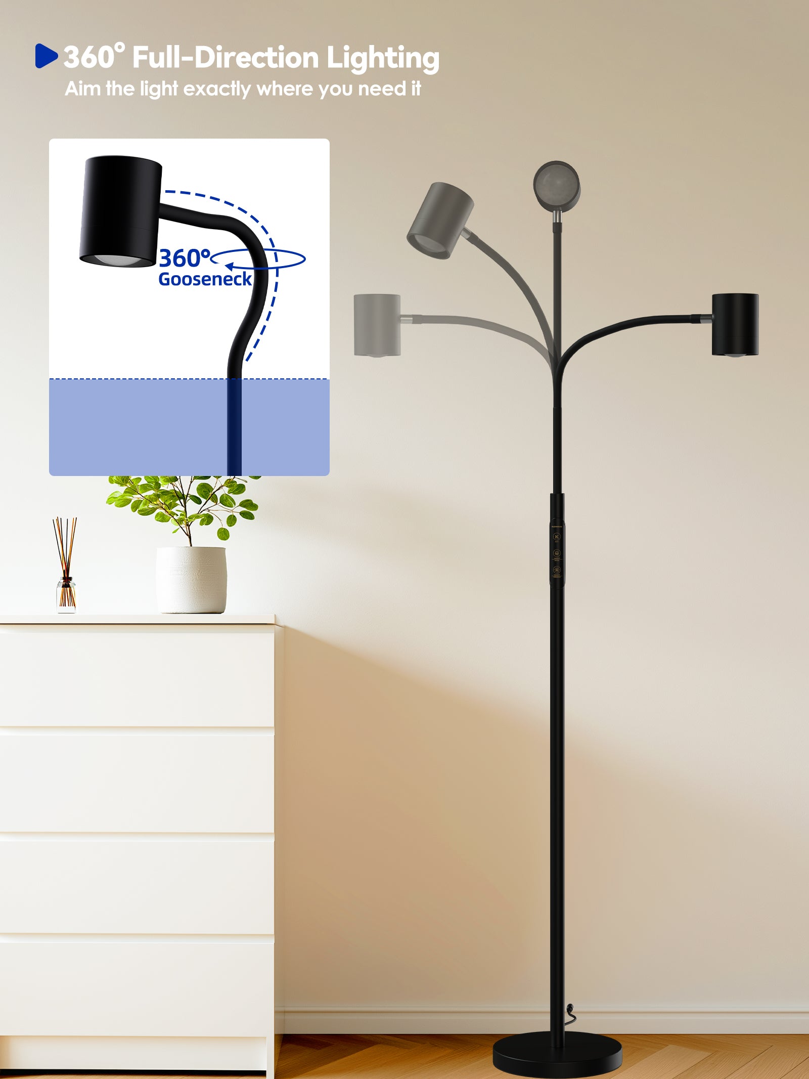 GLOWRIUM 12W LED Reading Floor Lamp H2B – 62" Tall, Dimmable Brightness & Color Temperature, Adjustable Gooseneck Touch Control, Suitable for Living Room, Bedroom, and Home Office
