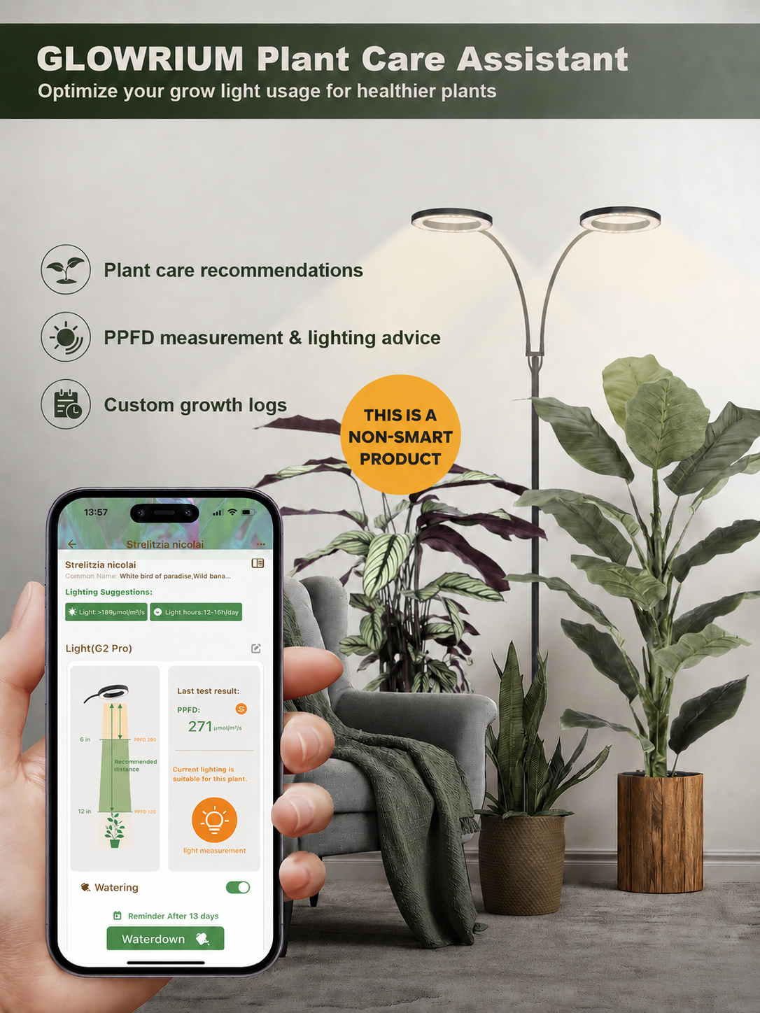 Glowrium G2 Pro non-smart floor grow light utilizing the Glowrium app assistant features for indoor plant PPFD measurement, lighting advice, plant care recommendations, and growth logs