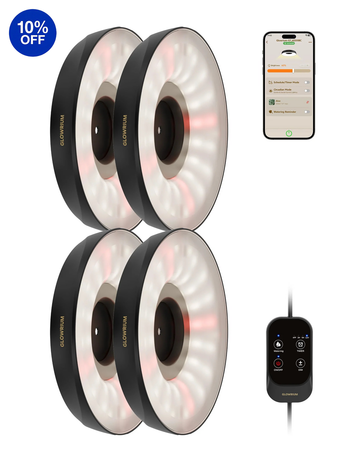 GLOWRIUM G7 | 48W (6-Pack) Smart Full Spectrum LED Puck Grow Light