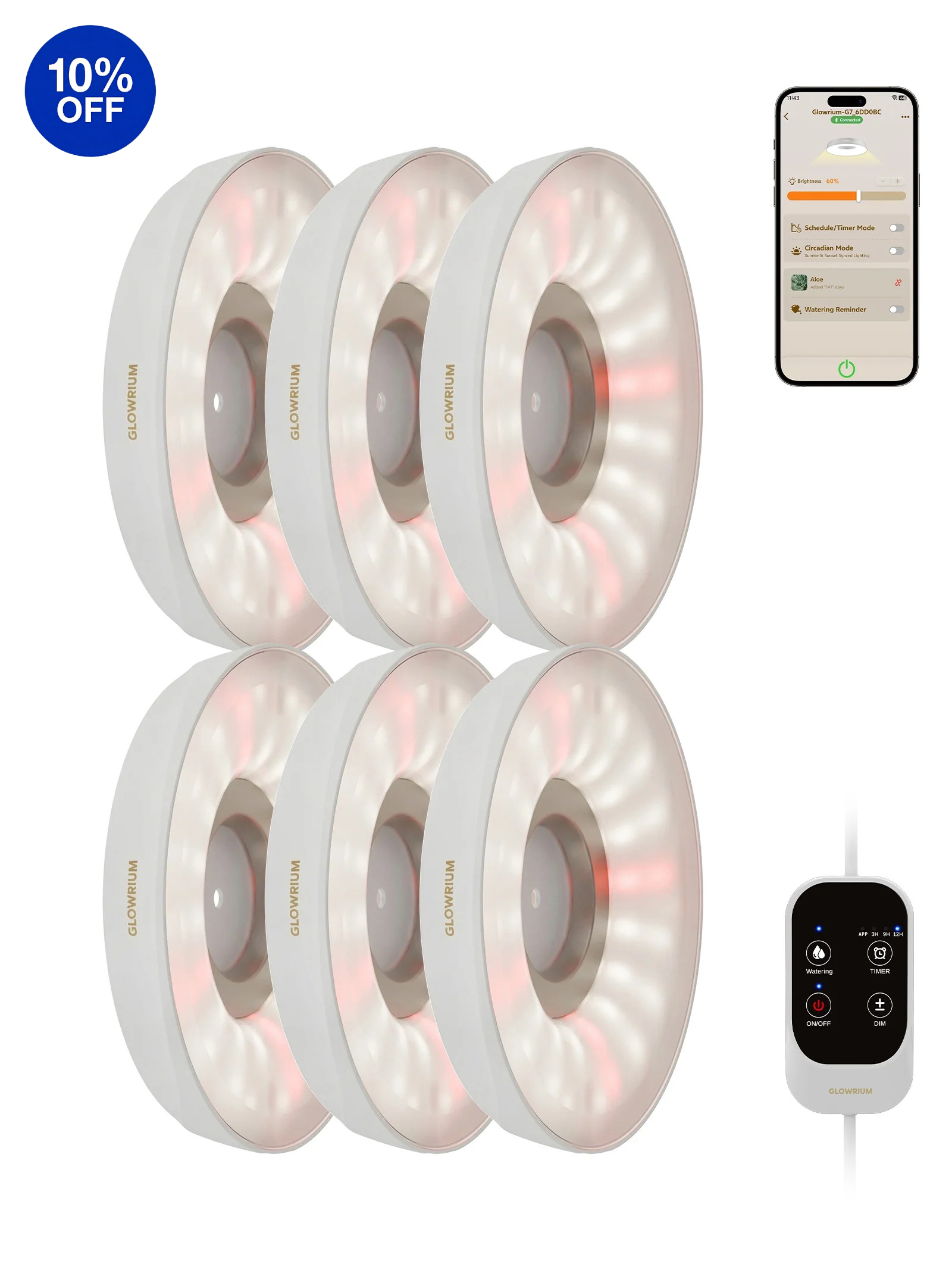 GLOWRIUM G7 | 48W (6-Pack) Smart Full Spectrum LED Puck Grow Light