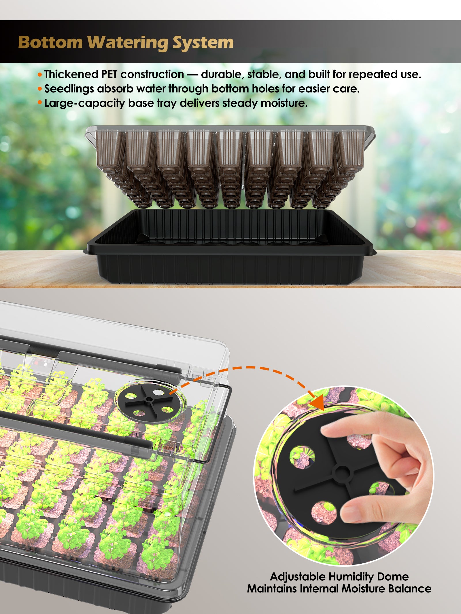 Demonstrating the bottom watering base tray and hand adjusting the Glowrium G9 humidity vent