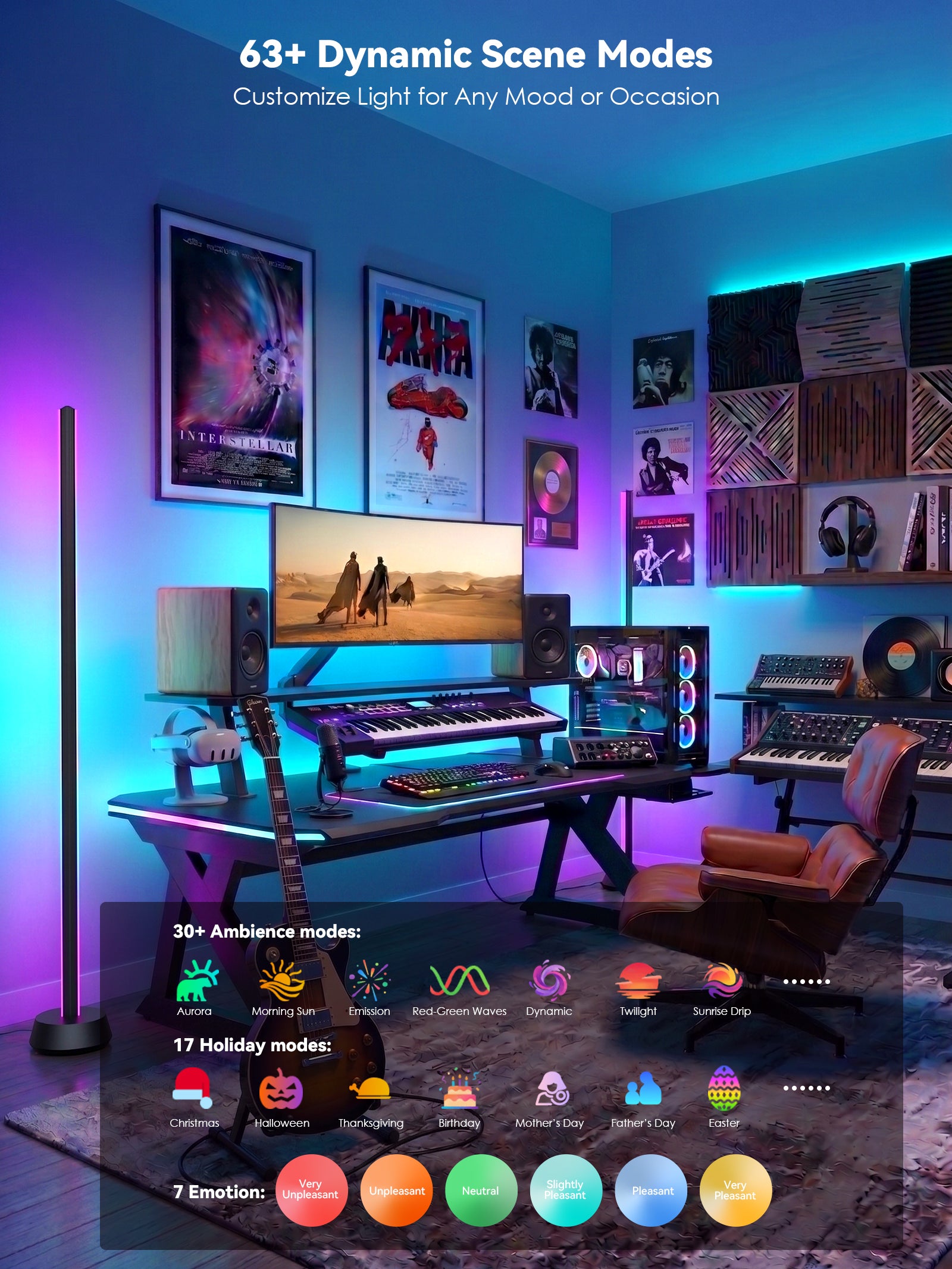GLOWRIUM® H4 Smart LED Corner Floor Lamp – RGB+IC Color Effects, Alexa & App Control, Dimmable Ambient Lighting for Gaming Rooms & Living Spaces