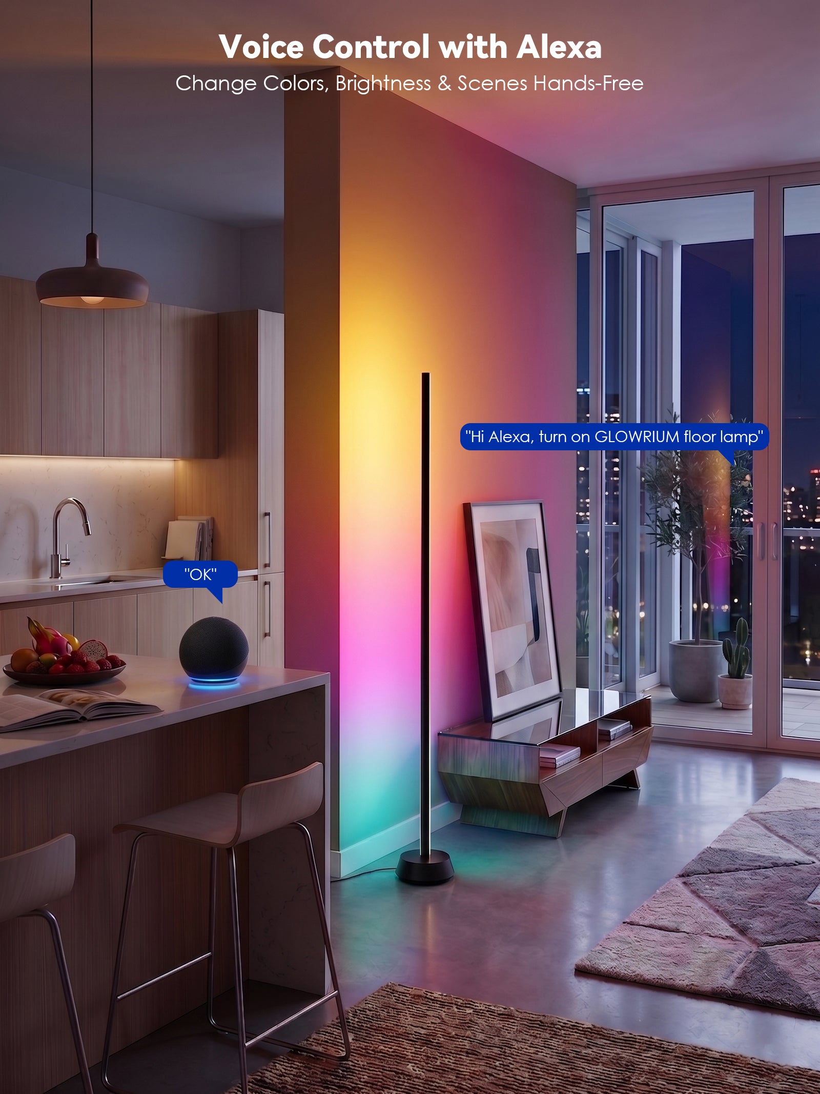 GLOWRIUM® H4 Smart LED Corner Floor Lamp – RGB+IC Color Effects, Alexa & App Control, Dimmable Ambient Lighting for Gaming Rooms & Living Spaces