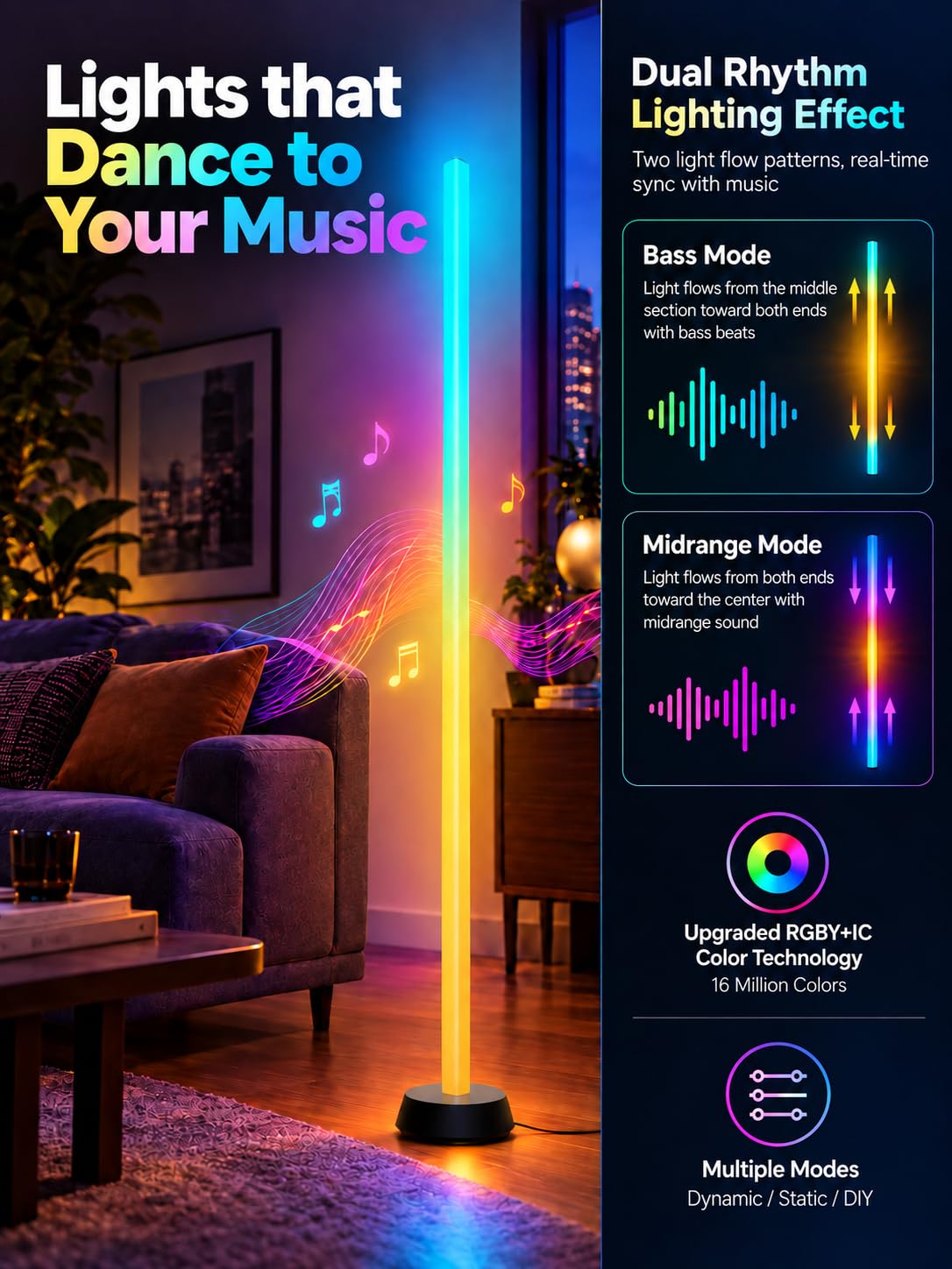GLOWRIUM® H4 Smart LED Corner Floor Lamp – RGB+IC Color Effects, Alexa & App Control, Dimmable Ambient Lighting for Gaming Rooms & Living Spaces