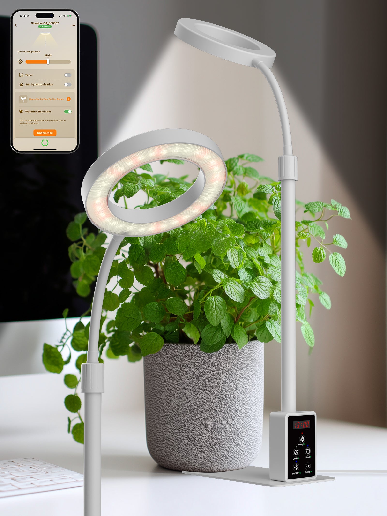 Glowrium 8W Smart Grow Light – Full-Spectrum LED for Indoor Plants with App Control, Custom Timer, Adjustable Height & Smart Plant Assistant