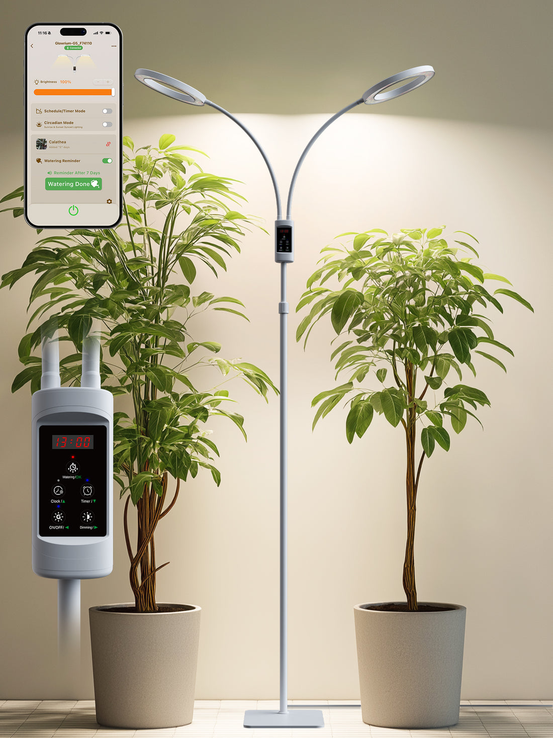 GLOWRIUM G5 Smart White 48W Dual-Head Full Spectrum Floor Grow Light for Most Indoor Plants