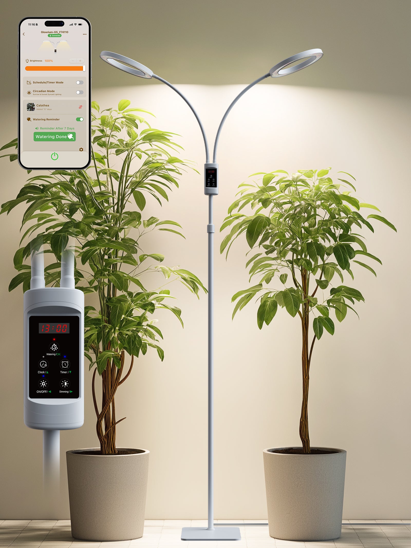 GLOWRIUM 48W Smart Grow Light – Dual-Head Full Spectrum, Adjustable Height, Stepless Dimming, Auto-Timer for Most Indoor Plants-G5