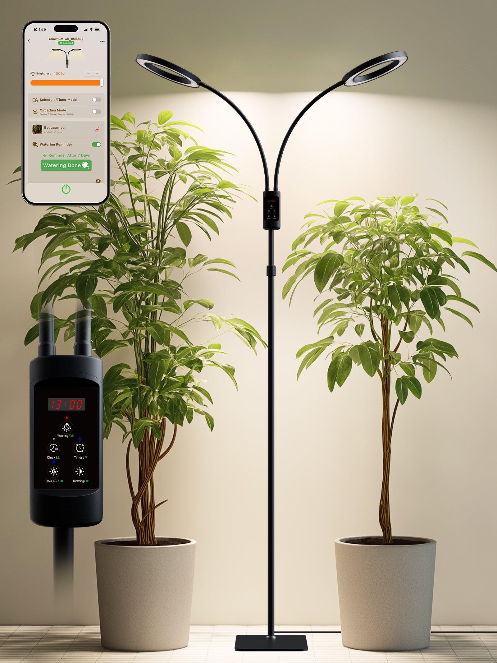 GLOWRIUM 48W Smart Grow Light – Dual-Head Full Spectrum, Adjustable Height, Stepless Dimming, Auto-Timer for Most Indoor Plants-G5