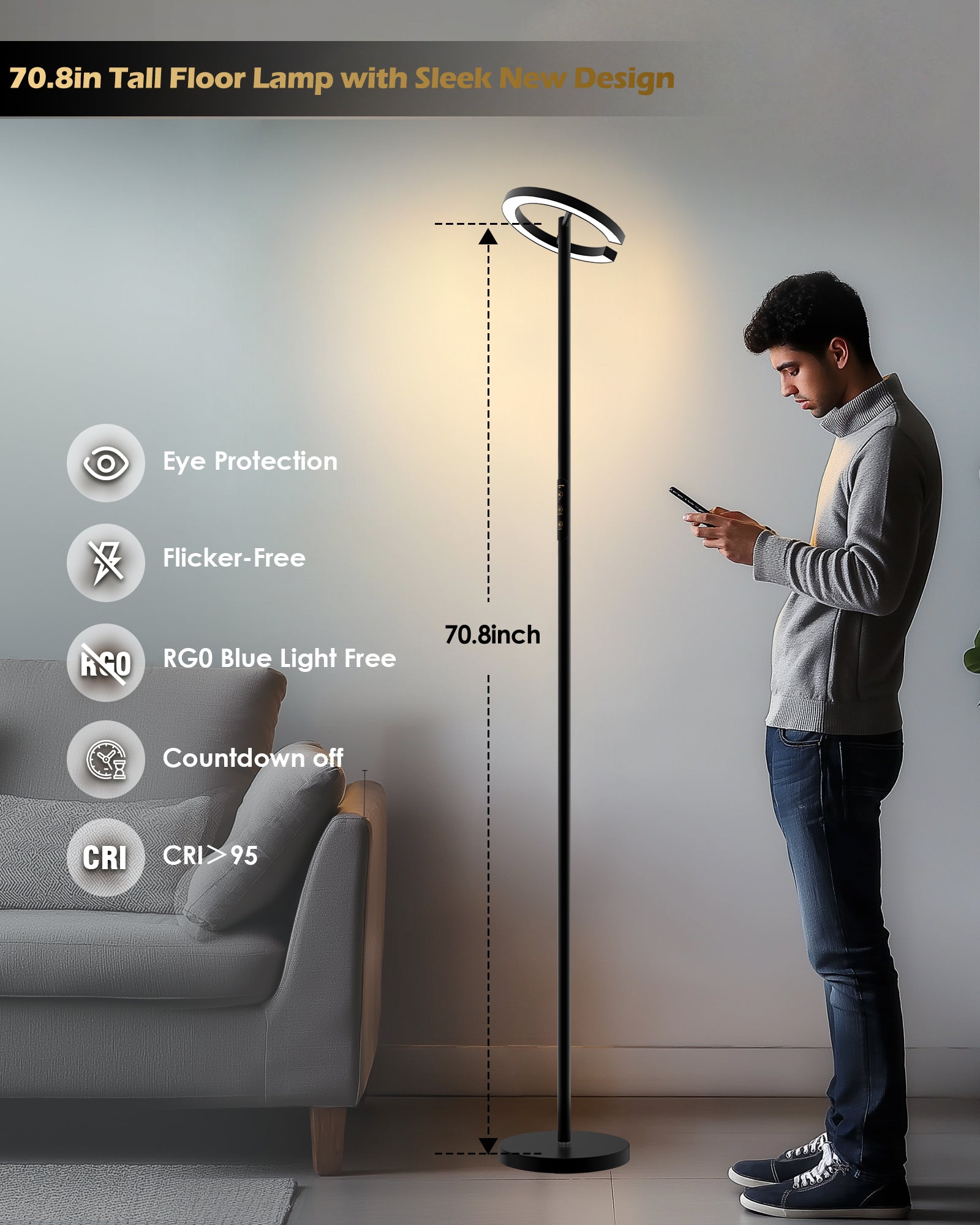 Puluomis LED Floor Lamp With 3 Shades – Infinitely Dimmable Reading Lamp For Living Room – Remote & Touch Control – Black