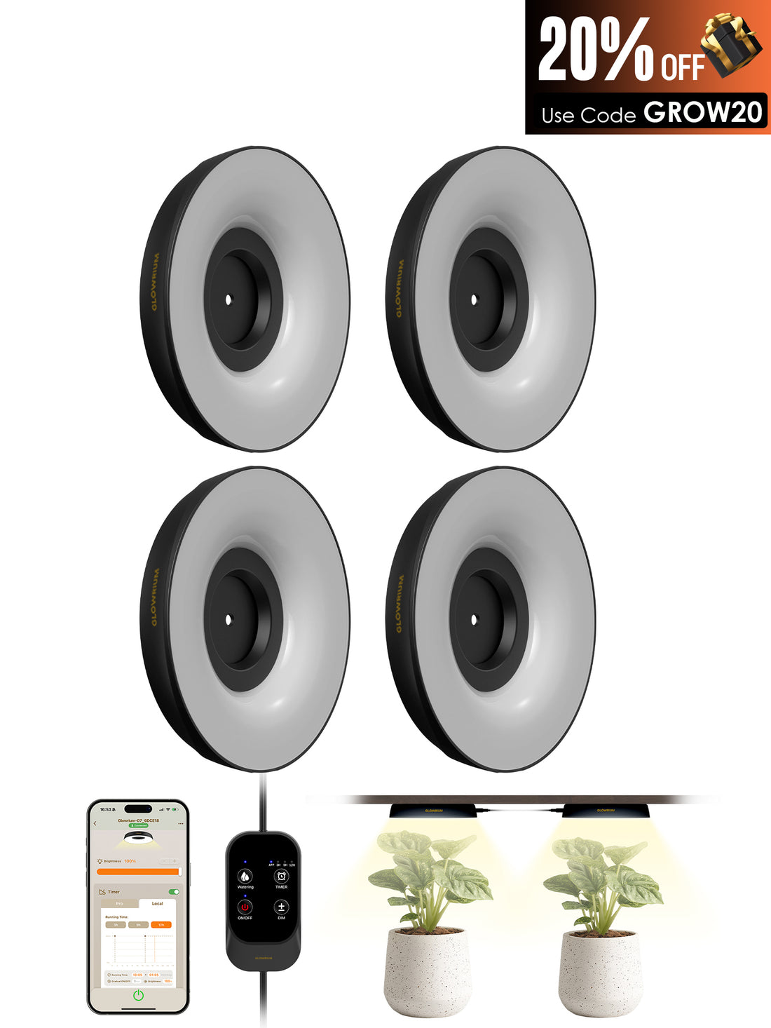 GLOWRIUM LED Grow Light for Indoor Plants – Smart Full Spectrum, Auto Timer, Stepless Dimming, Watering Reminder, Modular Design Plant Assistant