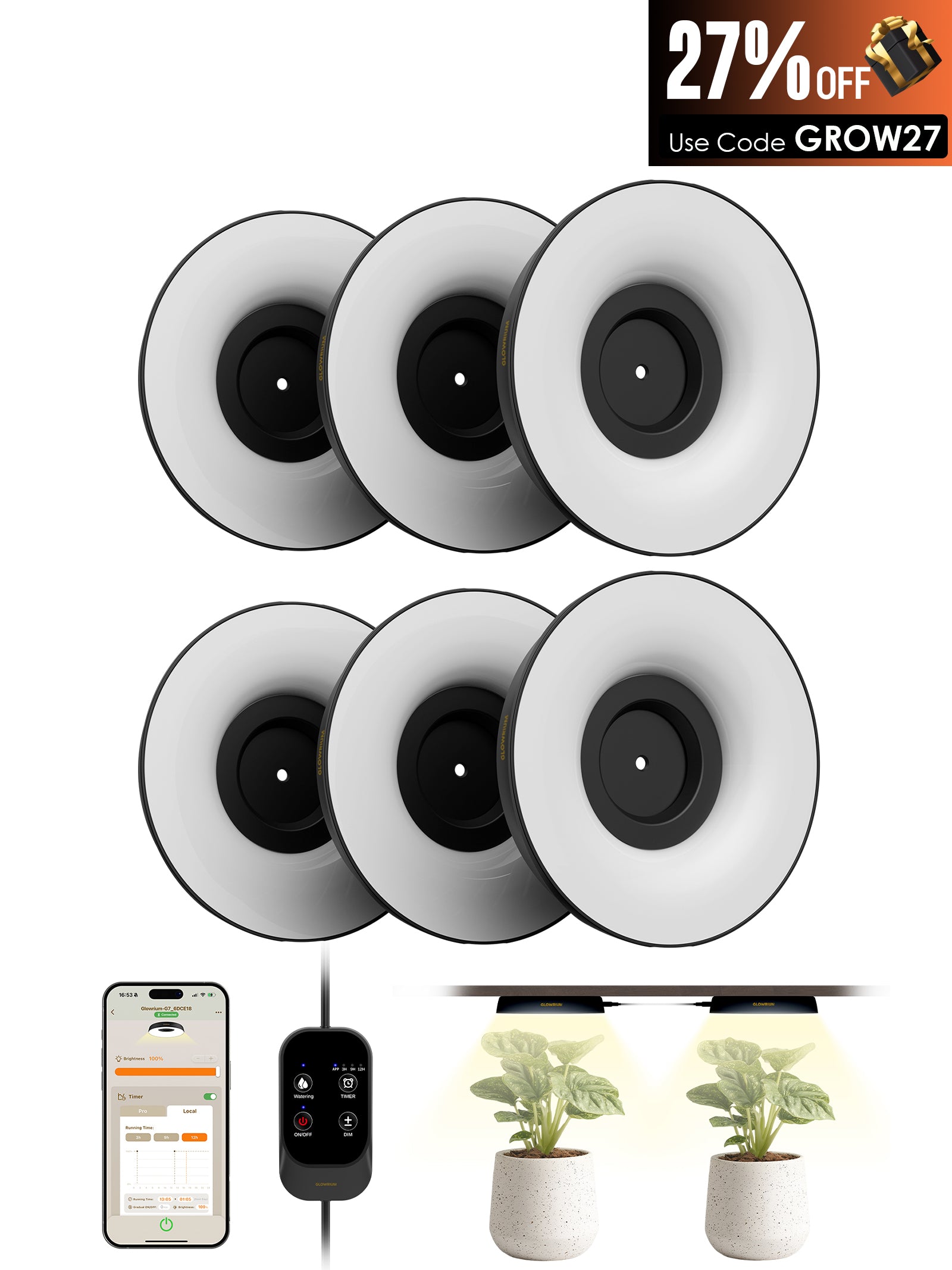 GLOWRIUM LED Grow Light for Indoor Plants – Smart Full Spectrum, Auto Timer, Stepless Dimming, Watering Reminder, Modular Design Plant Assistant