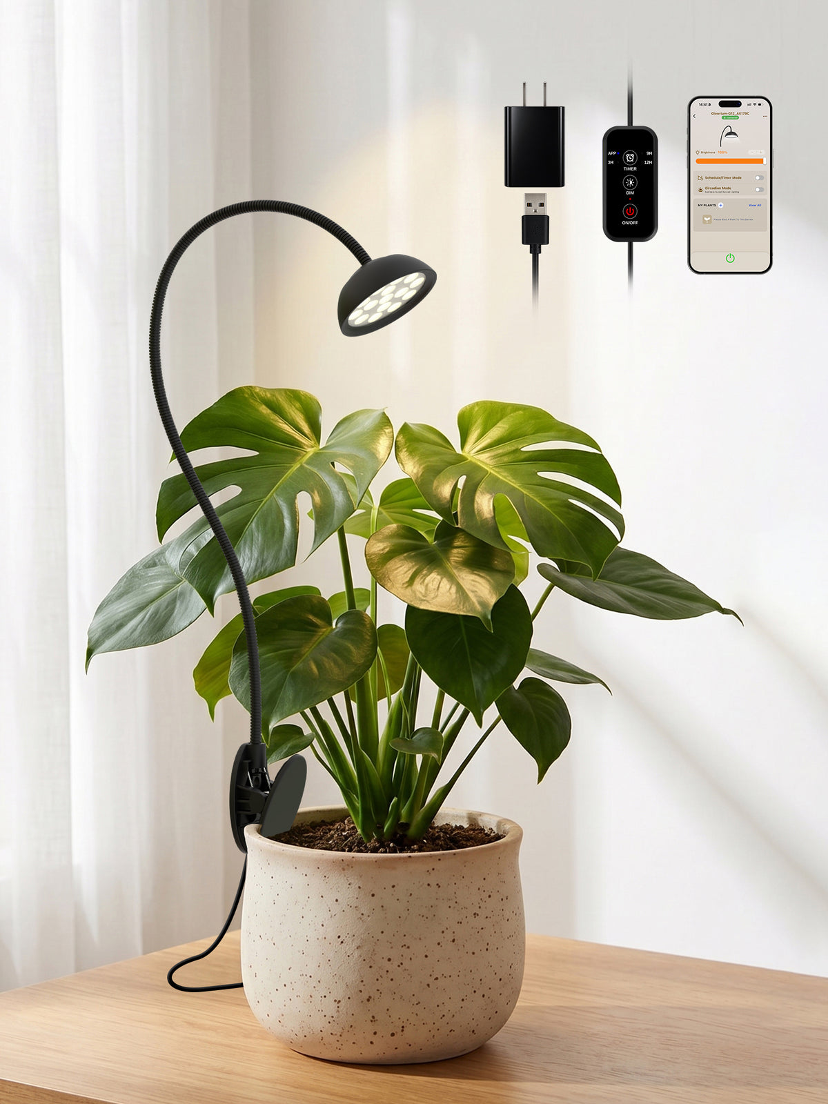 GLOWRIUM® G12 Smart Mini Grow Light - 6W Full Spectrum LED Plant Light with App Control, Timer &amp; 360° Flexible Gooseneck