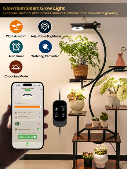 GLOWRIUM LED Grow Light for Indoor Plants – Smart Full Spectrum, Auto Timer, Stepless Dimming, Watering Reminder, Modular Design Plant Assistant-G7