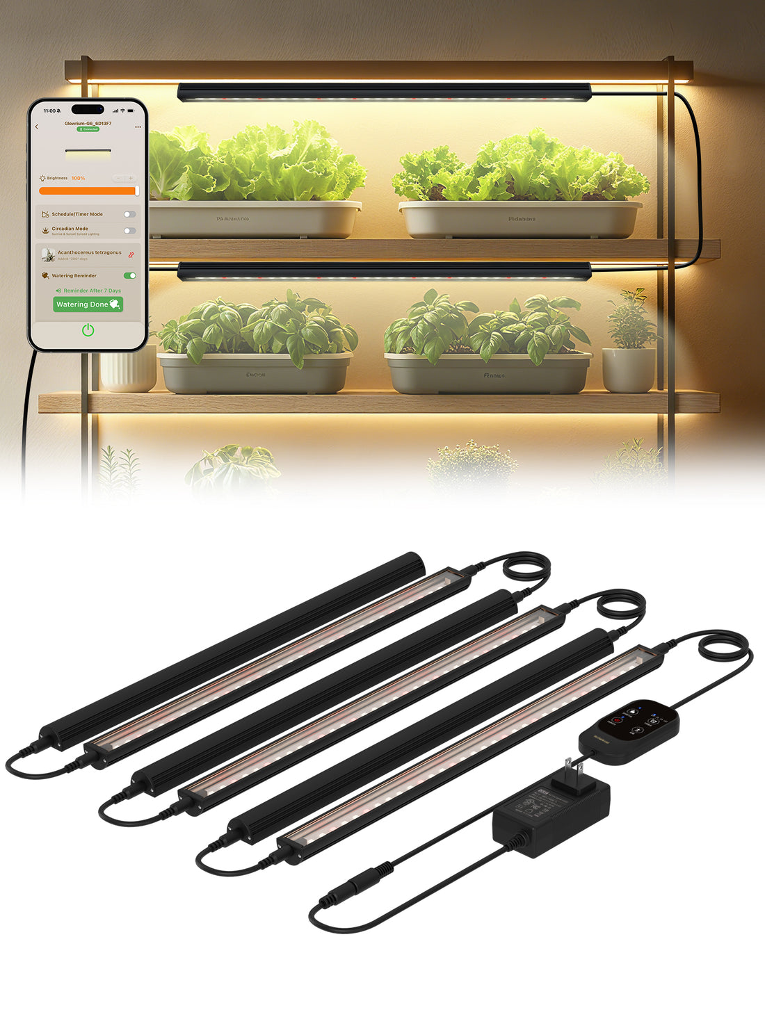 GLOWRIUM Smart LED Grow Light for Indoor Plants - Full Spectrum, Auto Timer, Stepless Dimming, Modular, Plug &amp; Play-G6