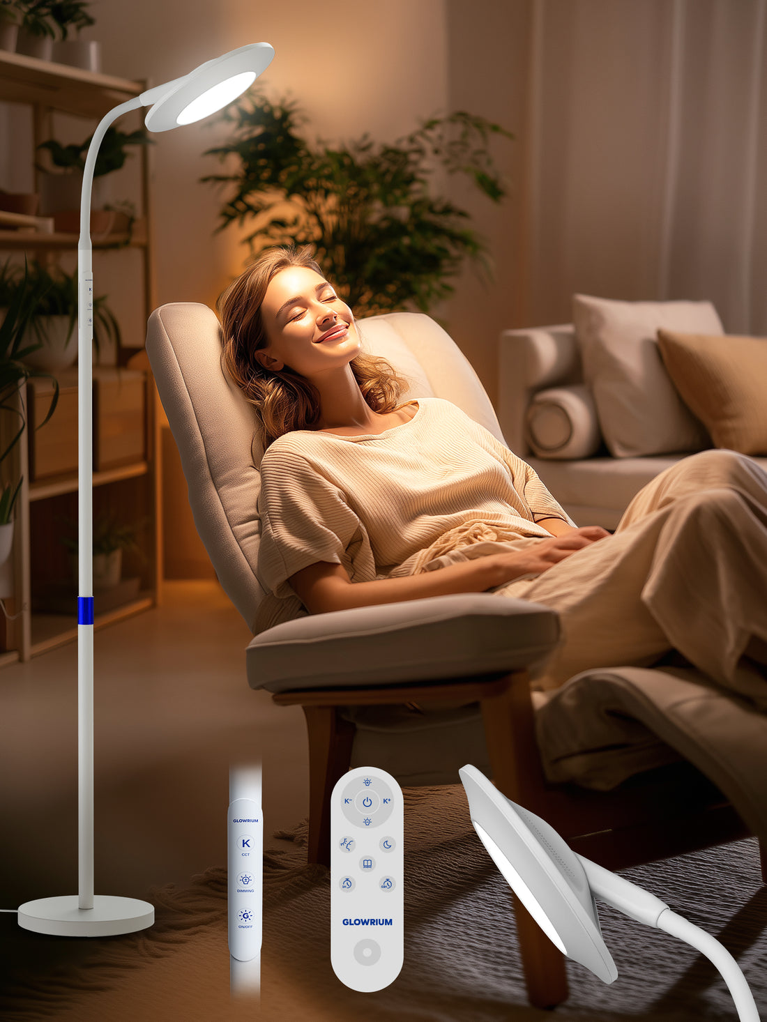 GLOWRIUM Light Therapy Floor Lamp H6 – 48,000 Lux UV-Free Full Spectrum Sunlight Lamp with Remote &amp; Touch Control