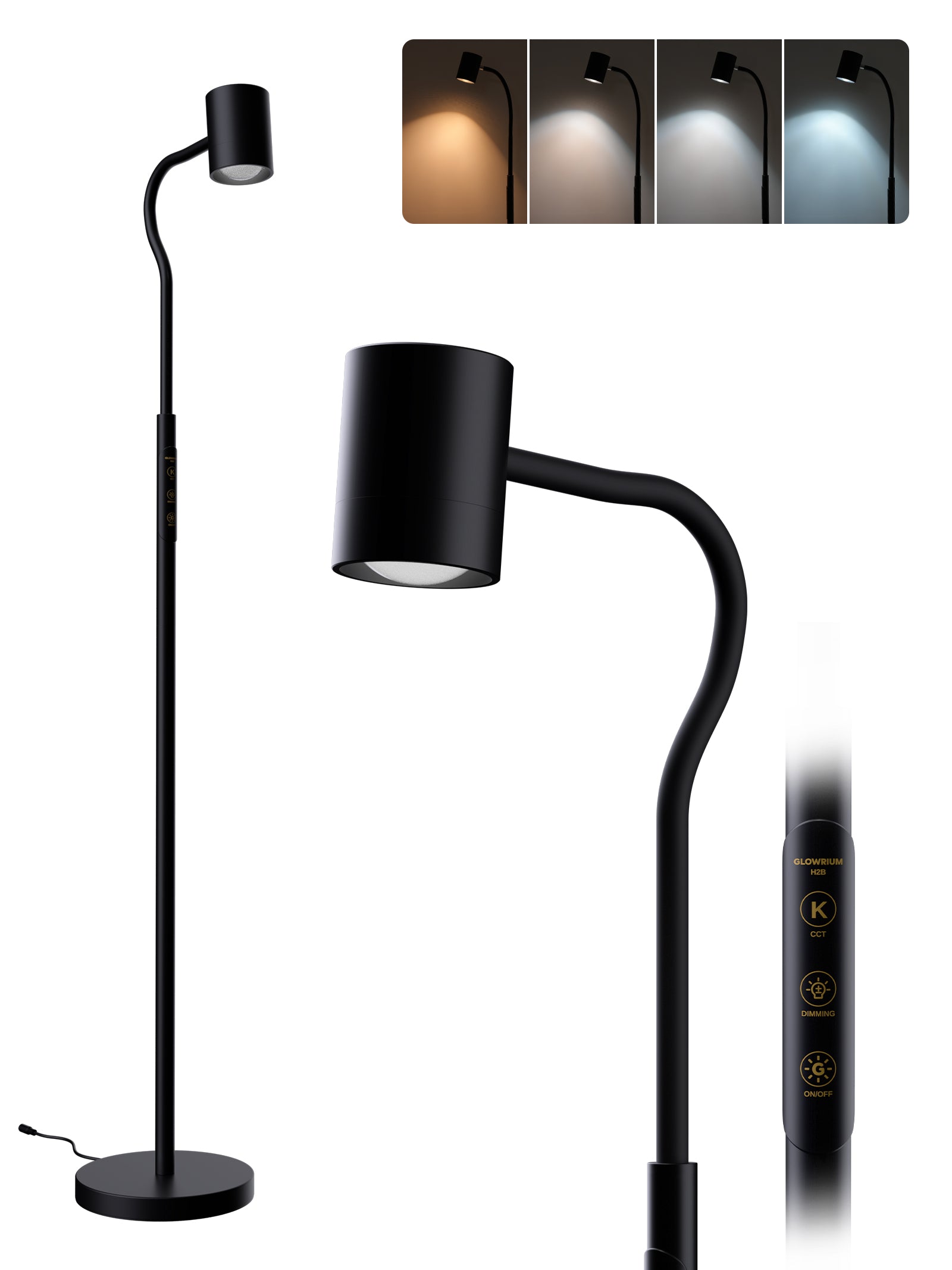 GLOWRIUM 12W LED Smart Reading Floor Lamp H2B – 62" Tall, Dimmable Brightness &amp; Color Temperature, Adjustable Gooseneck Touch Control, Suitable for Living Room, Bedroom, and Home Office